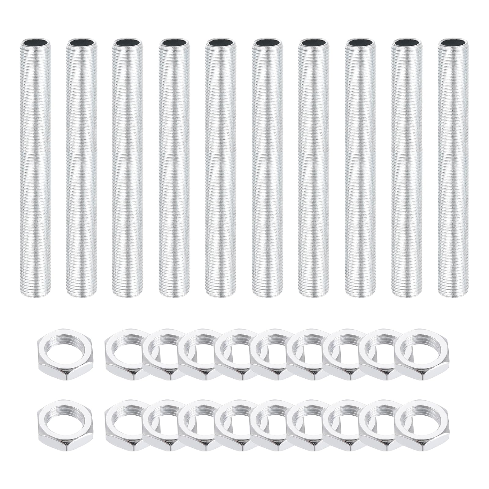 sourcing map 10Pcs 80mm Lamp Pipe Nipples Kit with Lock Nuts, M10x1 Fine All Threaded Hollow Tube Lamp Repair Hardware Fasteners for Chandelier Ceiling Lamps Assembly DIY, White Zinc