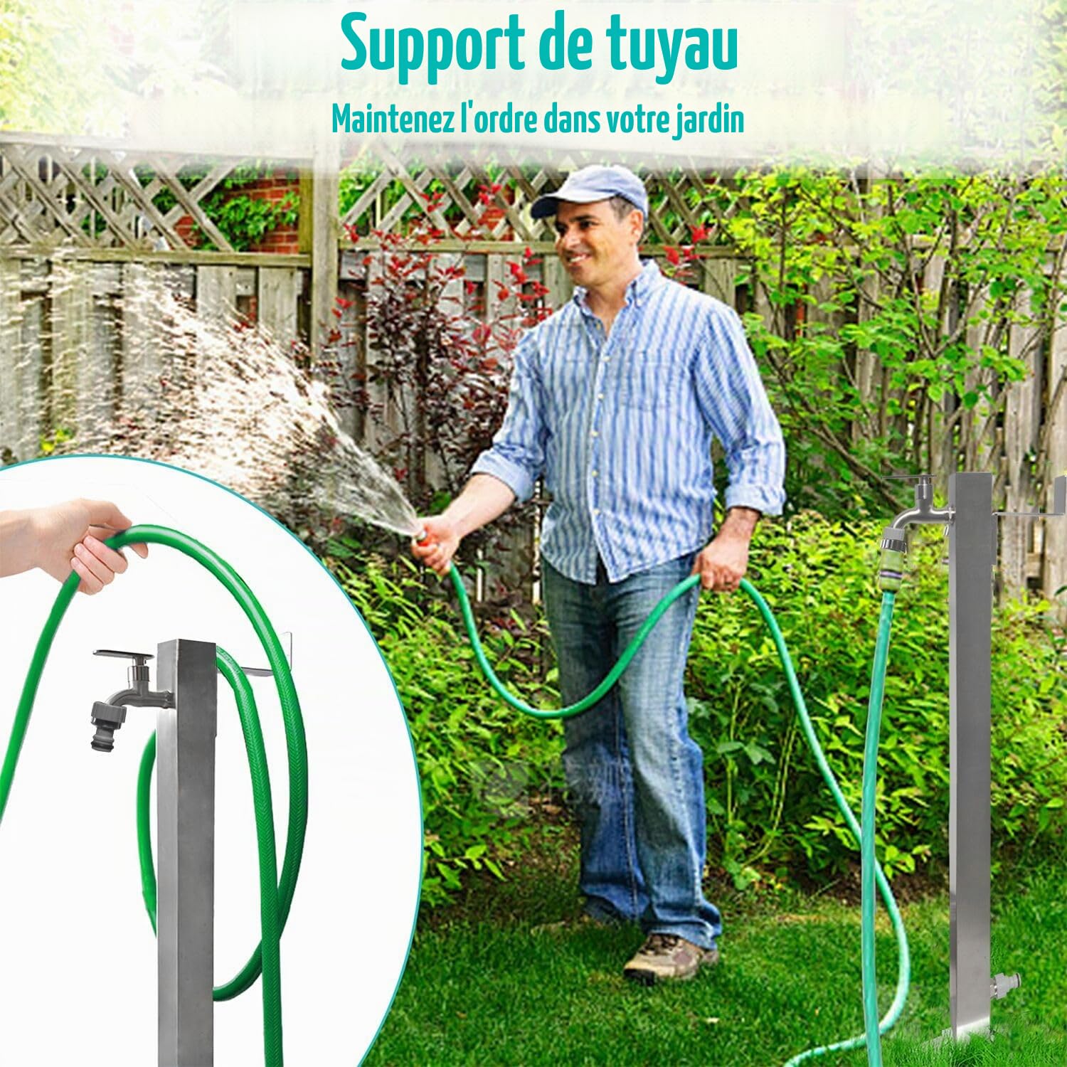 Colonne d'eau de jardin Elbe en acier inoxydable 87 cm carrée robinet extérieur résistant au gel, Colonne de jardin avec porte-tuyau, filetage extérieur G1/2, avec deux adaptateurs de tuyau de jardin