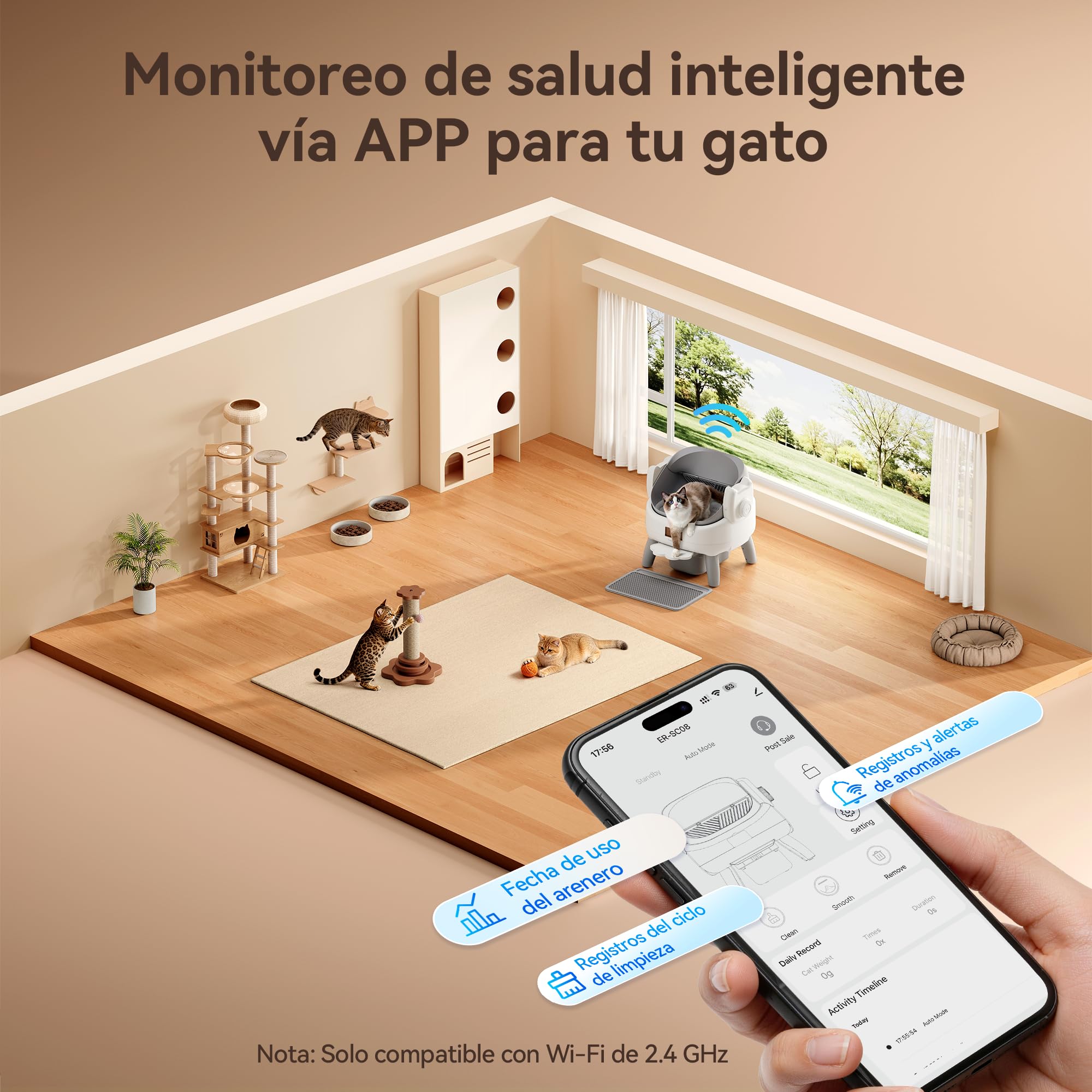 Thereye Arenero Gatos Autolimpiable con Escalón de Entrada,Arenero Automático de Diseño Abierto con Control por Aplicación,Sensor de Seguridad,Protección Anti-atrapamiento y Eliminación de Olores