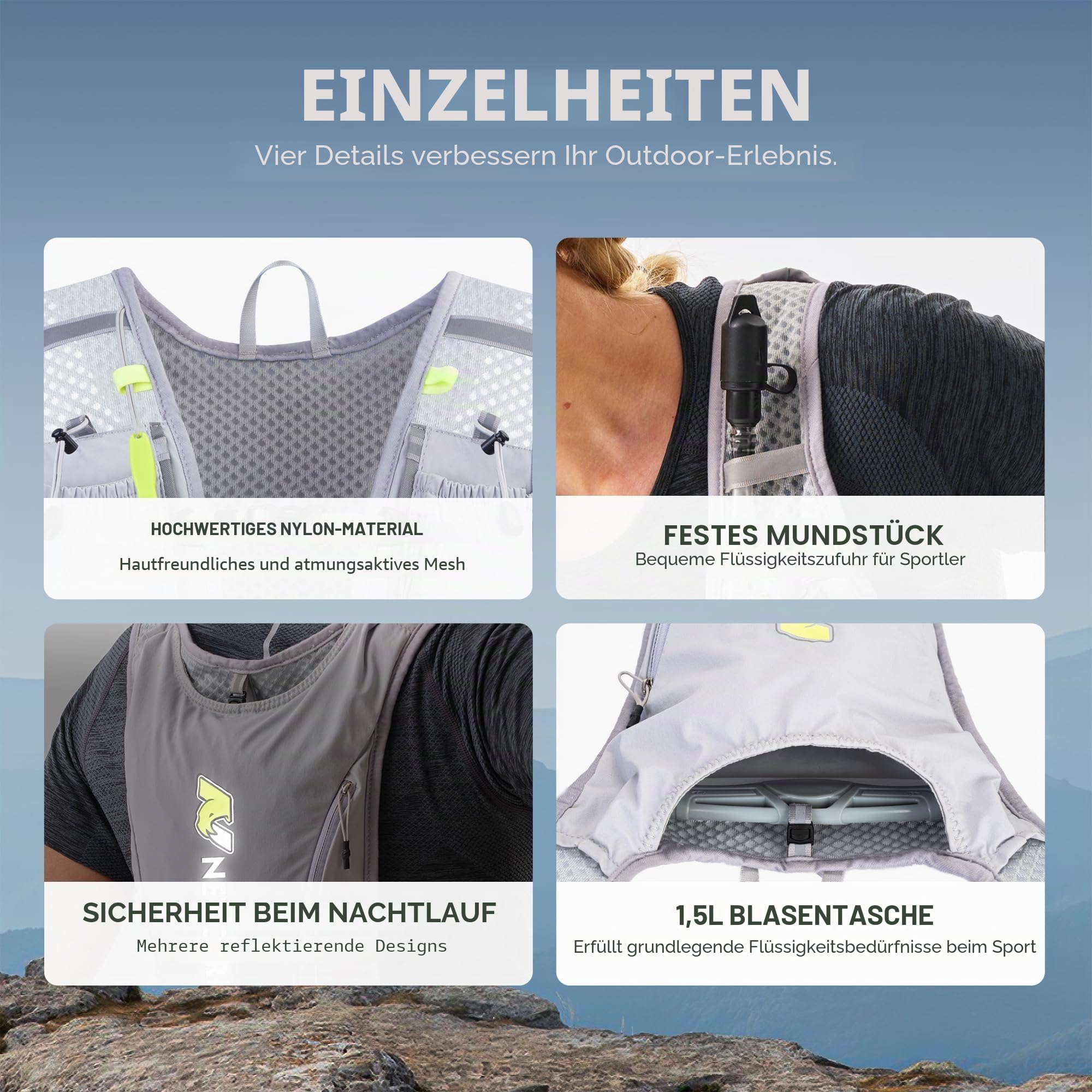 N NEVO RHINO Laufweste, Trinkweste, 5,5 l, mit 2 l Wasserblase, leichter Trinkrucksack für Wanderungen, Rennen