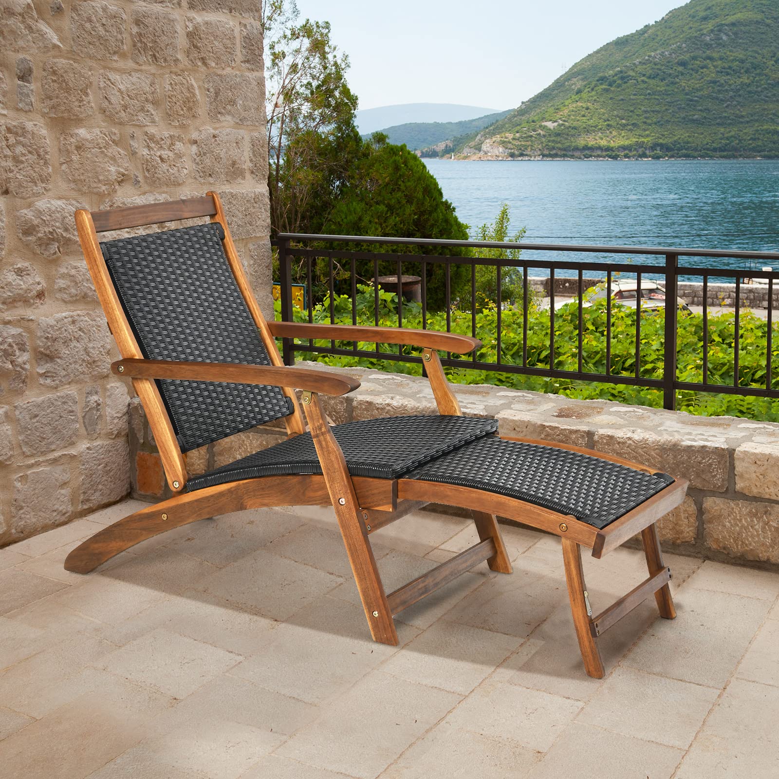LIFEZEAL Tumbona Plegable de Ratán PE Convertible con Reposapiés Retráctil | Sillón de Jardín con Marco de Madera de Acacia, Respaldo y Reposabrazos para Terraza, Patio y Piscina