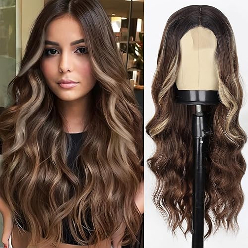 WERD Peluca larga ondulada de color marrón oscuro para mujer, peluca de cabello rizado con raya en el medio, pelucas largas rizadas de color marrón