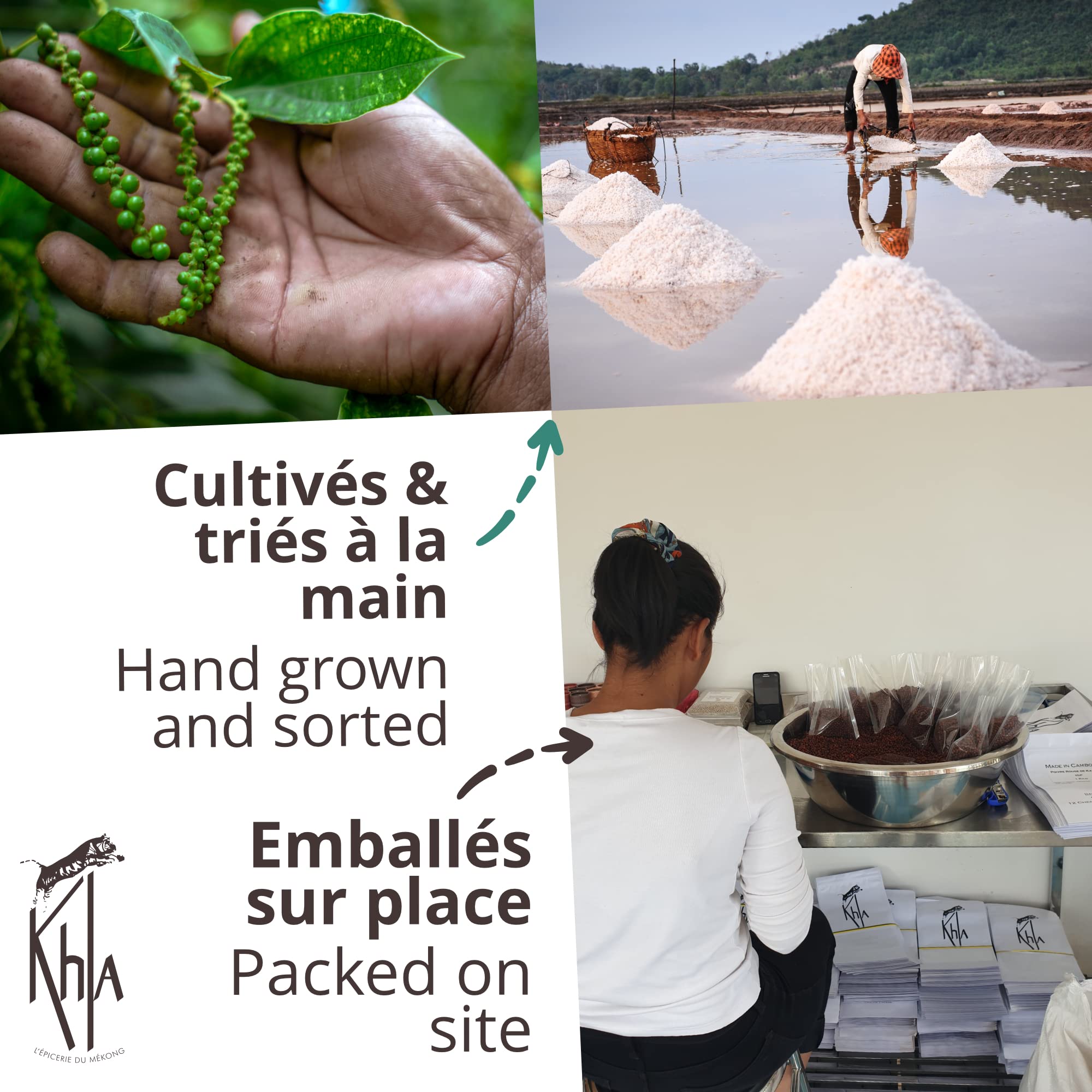 KHLA - Duo Pimienta negra de Kampot y Flor de sal de Kampot - Embalaje Tradicional en Hojas de Palma - 2x 100g