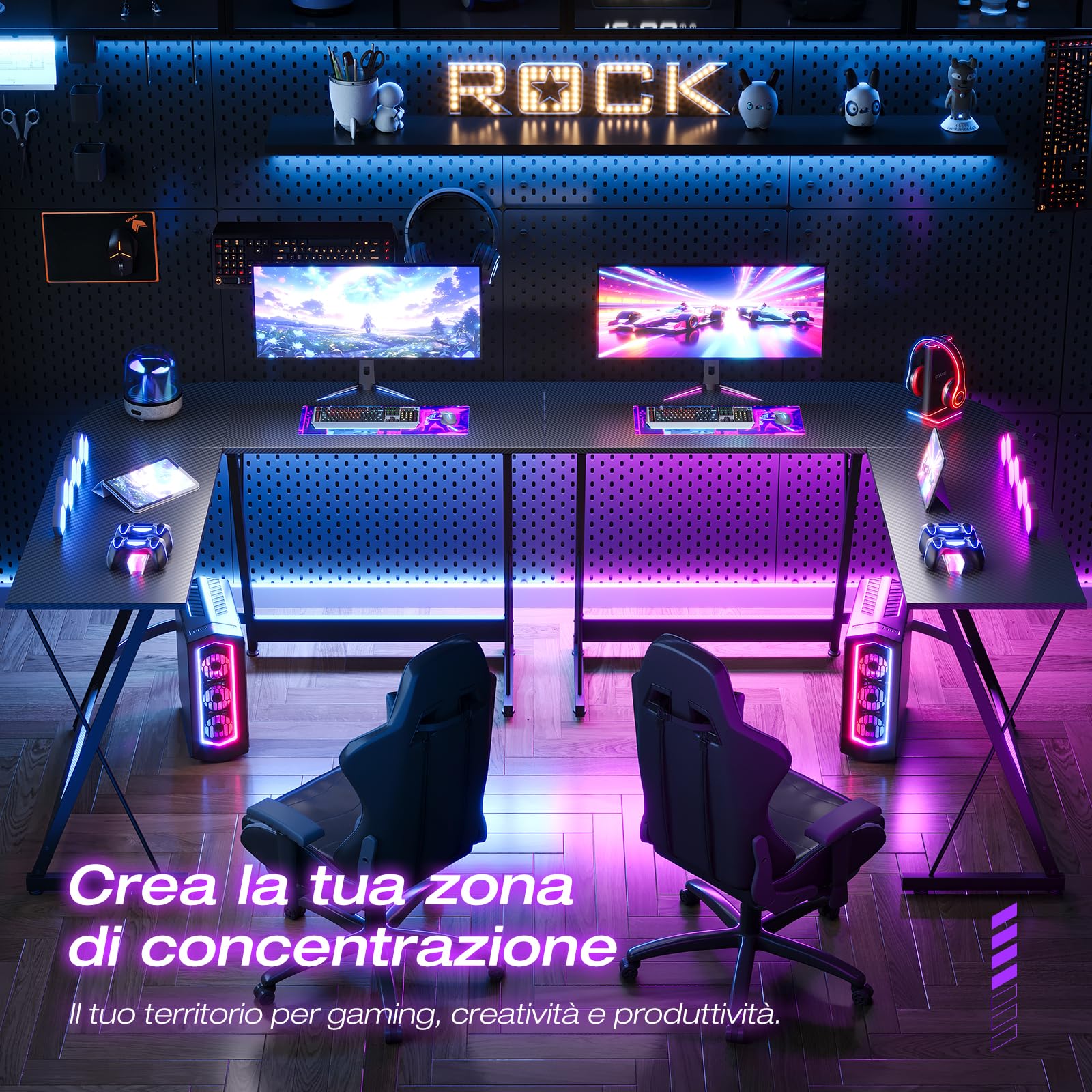 ODK Scrivania Gaming, 120 x 120 cm Scrivania ad Angolo, Tavolo Gaming stabile ed economico per giochi, ufficio a casa e studio, Fibra di carbonio nera