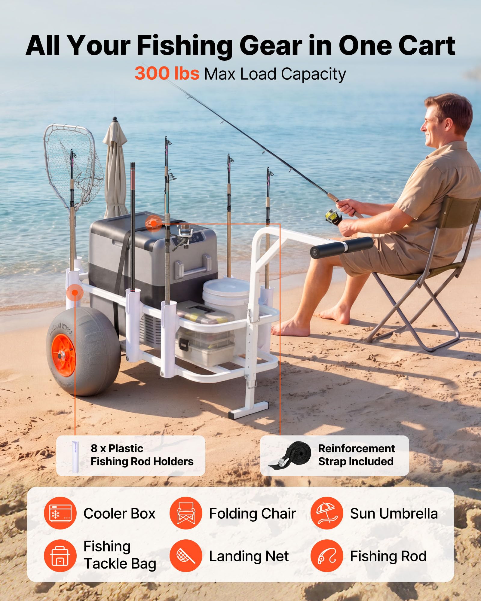 VEVOR Carrello da Pesca da Spiaggia, Capacità di Carico 136 kg, Carrello da Pesca Smontabile, Telaio in Lega di Alluminio, Ruote da 33 cm, 8 Portacanne, Facile da Pulire, per Attività Outdoor, Picnic