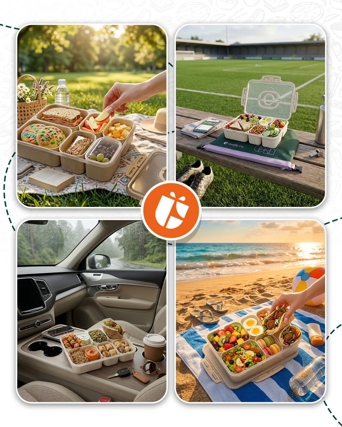 Snackbox Creamy White z przegródką ociekową, przenośna snackle box z torbą termoizolacyjną i wielorazowym wkładem chłodzącym, 6 wyjmowanych przegródek (2 duże + 4 małe) osobnymi pokrywkami