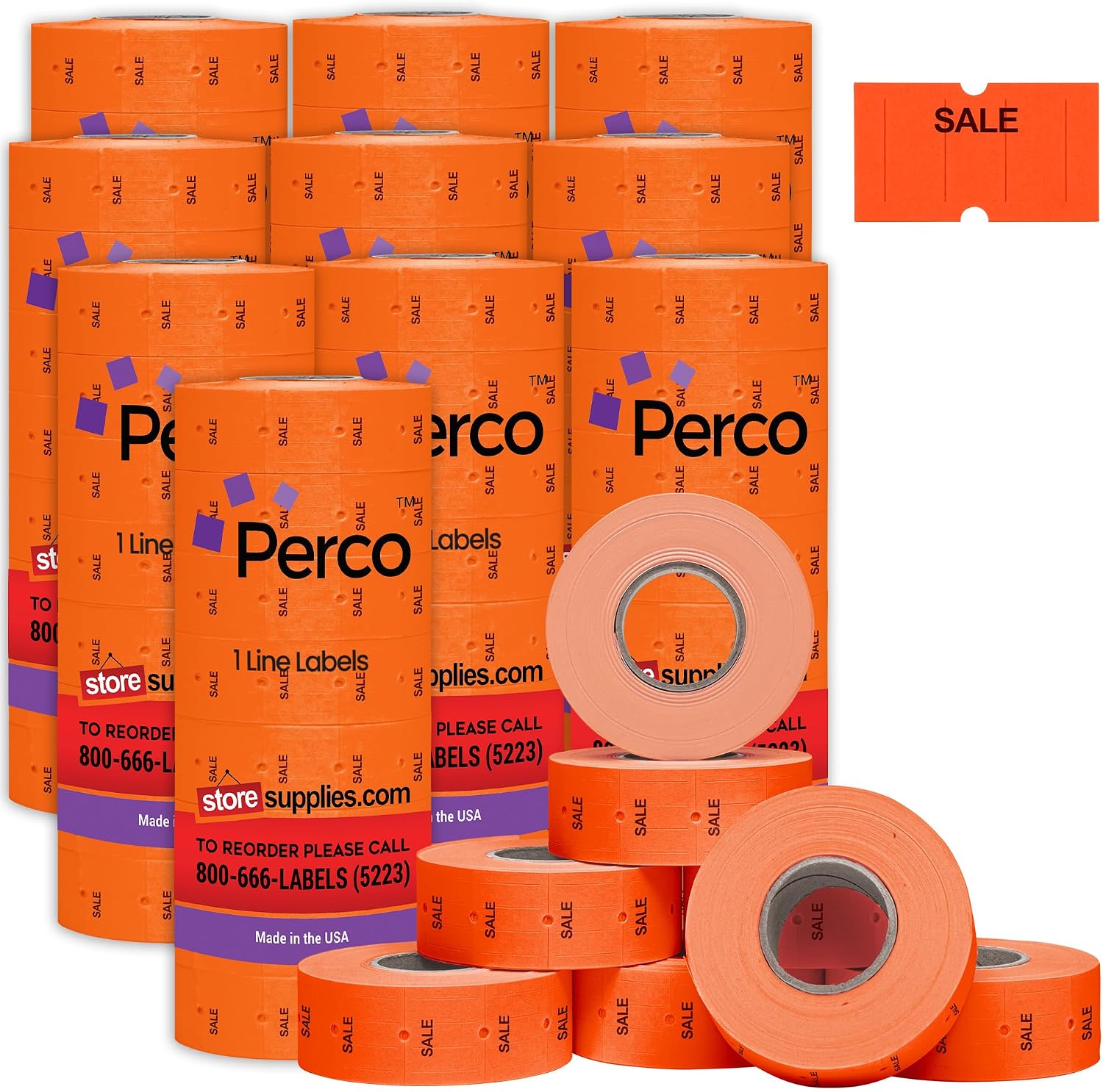 Perco 1 Line Fluorescent Red Sale Labels - 80 Rolls, 10 Sleeves, 80,000 Blank Price and Date Gun Labels for Perco Lite, X, Plus and Pro 1 Line Price and Date Guns - Made in USA
