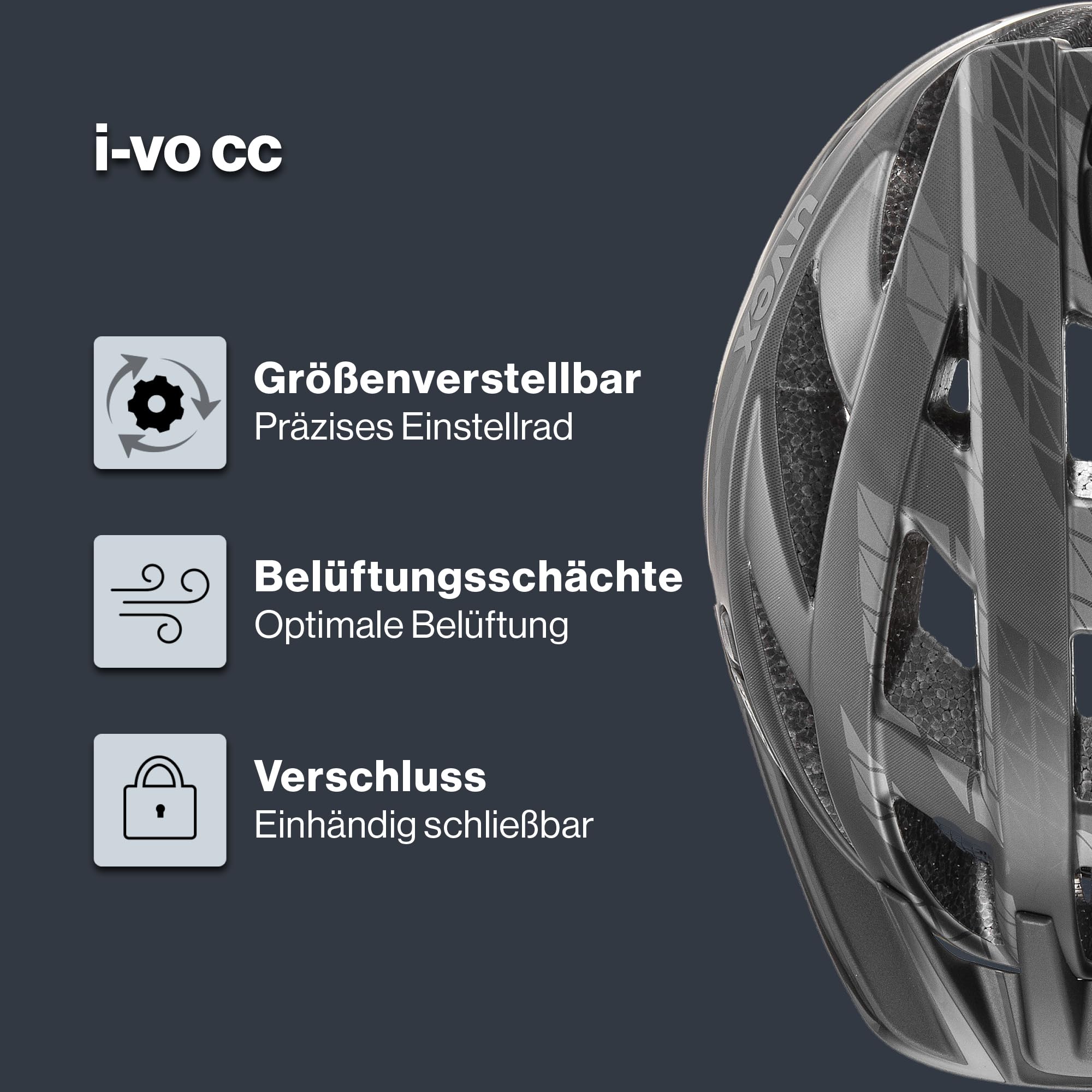 uvex i-vo cc Fahrradhelm, Black-Smoke matt, 56-60 cm | mit Plug-in LED nachrüstbar - individuelle Größenanpassung - waschbare Polster - Polycarbonat-Schale mit EPS-Kern