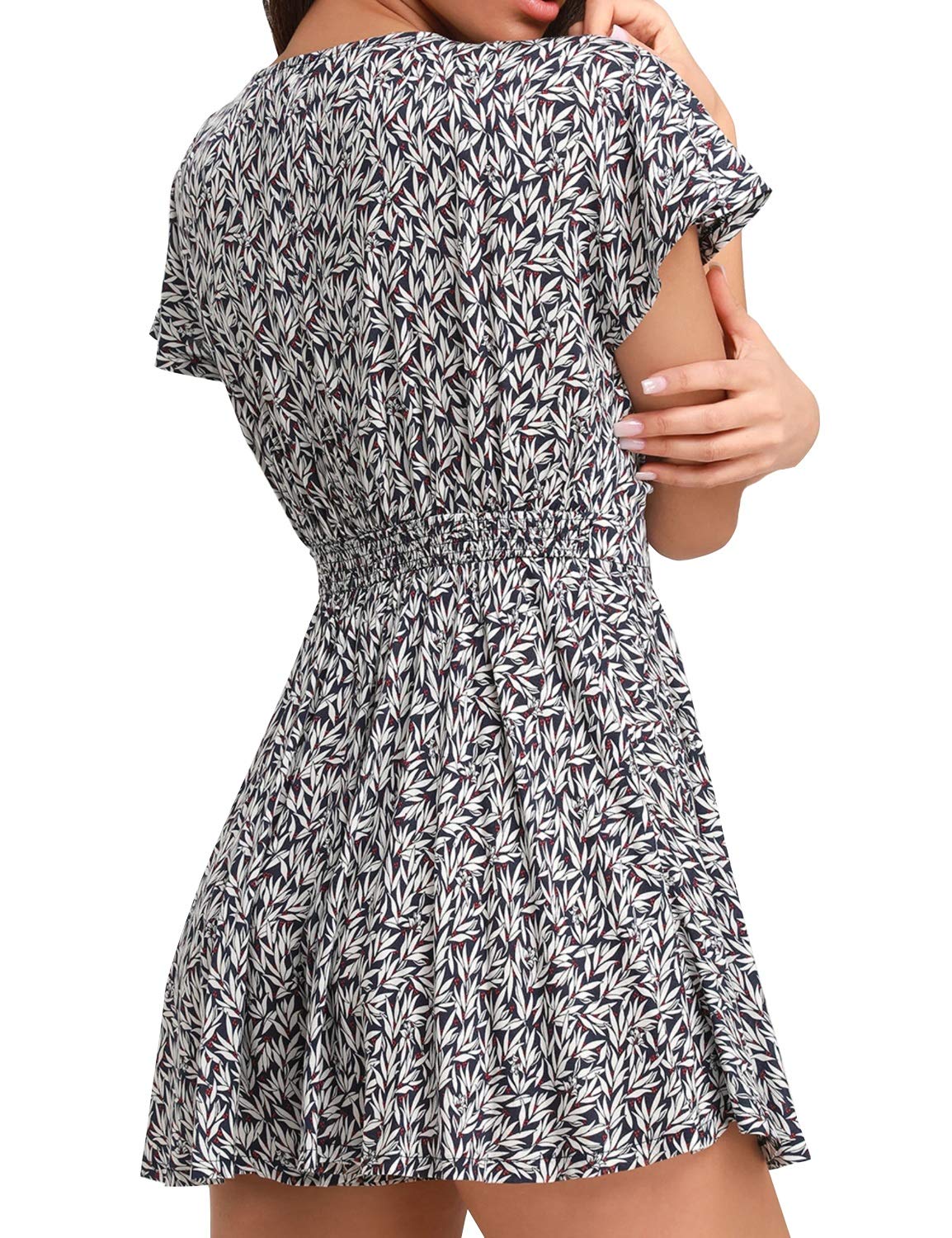 AGQT Combishort Femme Sexy Combinaisons Short D'été Col V élégant Romper Jumpsuit | Mini combinaison décontractée à manches courtes - Style bohème - Pour plage, concert, rendez-vous, fête, vacances, week-end