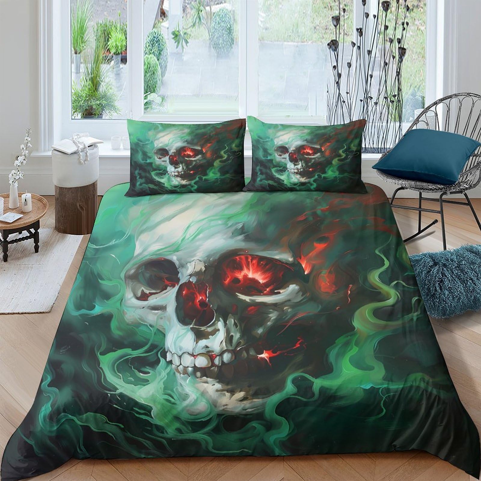 GPLZQXKJNH 3D Printed Skull Green Smoke Duvet Cover Microfiber Bedding Set with 2 Pillowcases for Home Bedroom Decor Single（135x200cm）