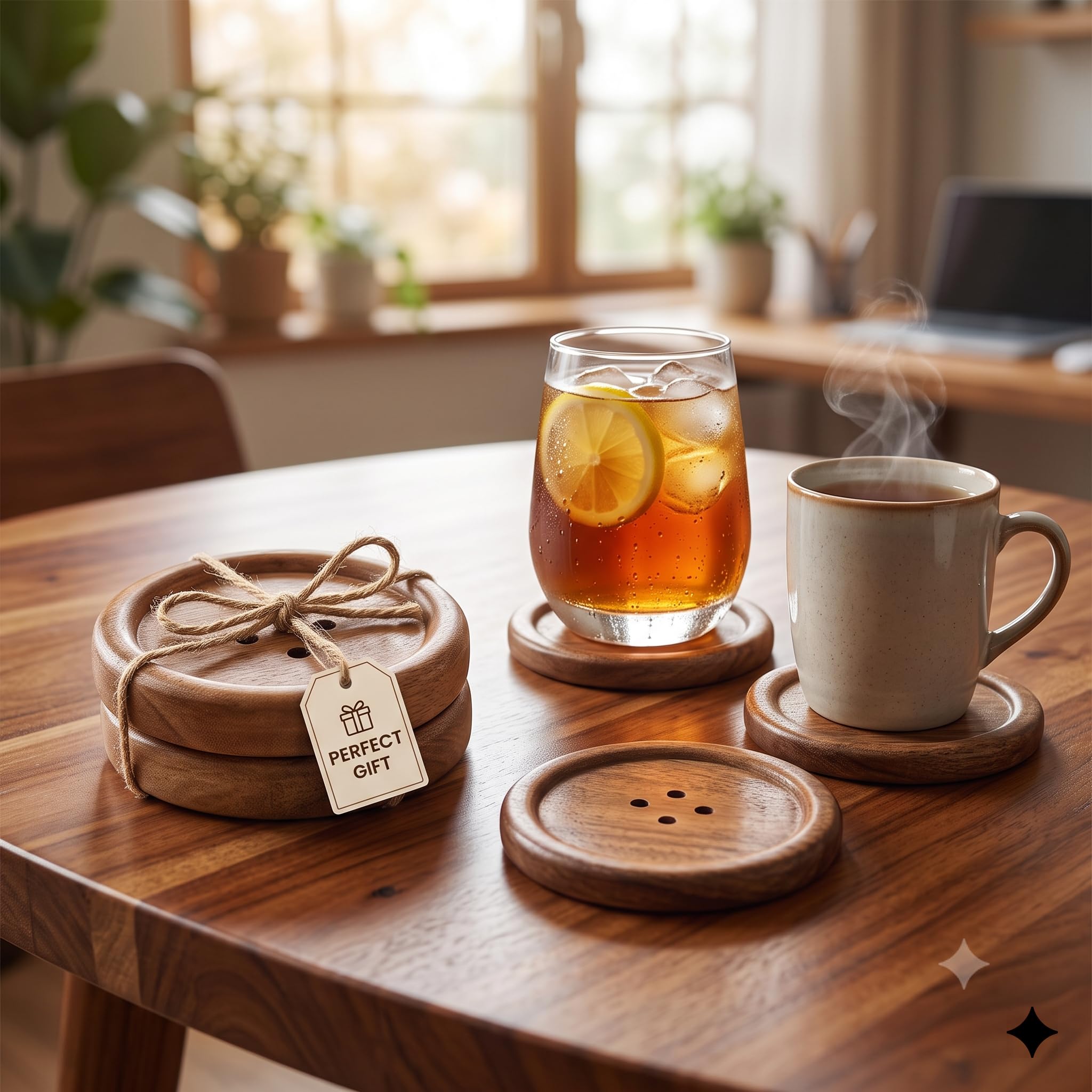 Moxly Wooden Coaster Set | Handcrafted Round Acacia Wood Coasters for Tea Cups Coffee Mugs and Dining Table Decor | Table Top Decor for Home and Office | Gifting Items | Set of 4 3