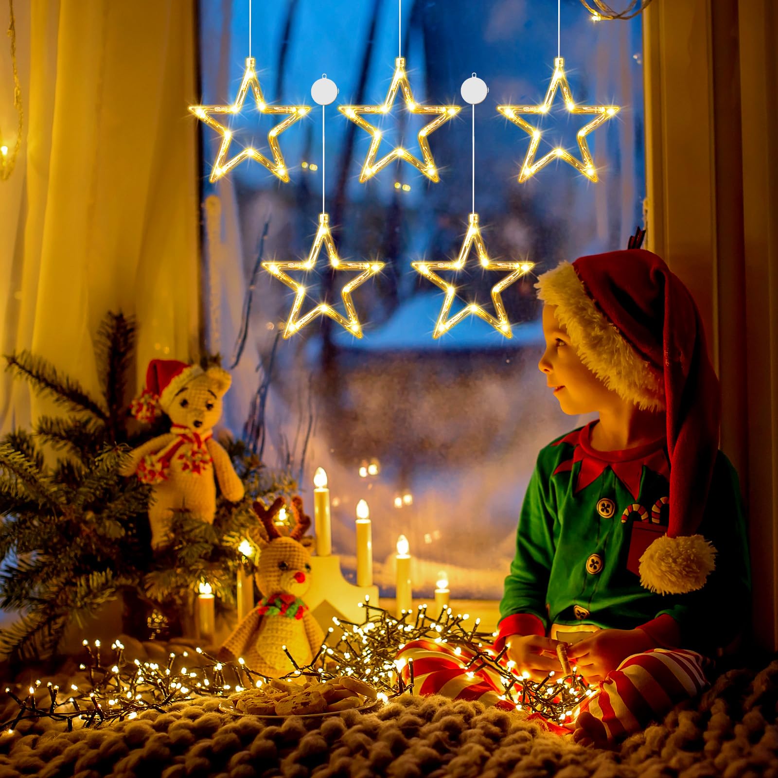 Tujoe 12 Stück Weihnachts-Fensterlichter, Dekorationen, beleuchtete Fenster-Silhouetten-Lichter mit Timer, Saugnapf, batteriebetrieben für Weihnachten, Urlaub, Neujahr, Innen- und Außenbereich