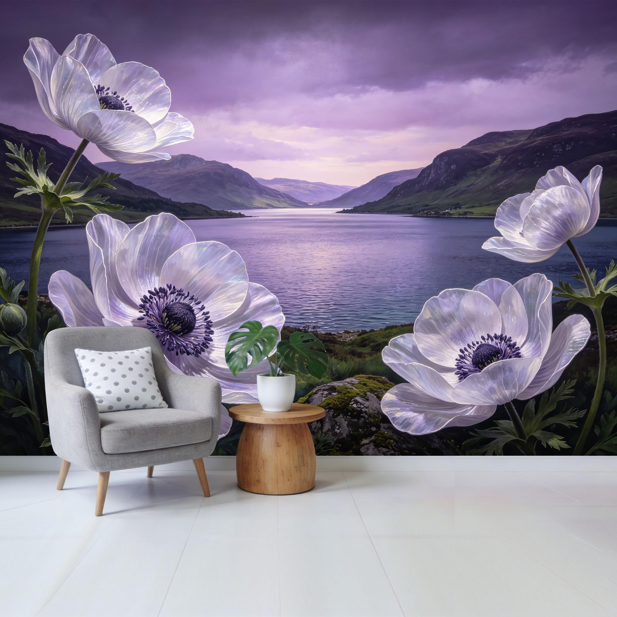 Qzlithotic Yq2605250784 Custom Size Wall Mural Purple Anemone Flowers Landscape Mountain Lake Scenic View Watercolor Selfadhesive Wall Fabric Removable Wallpaper For Home Office Decor