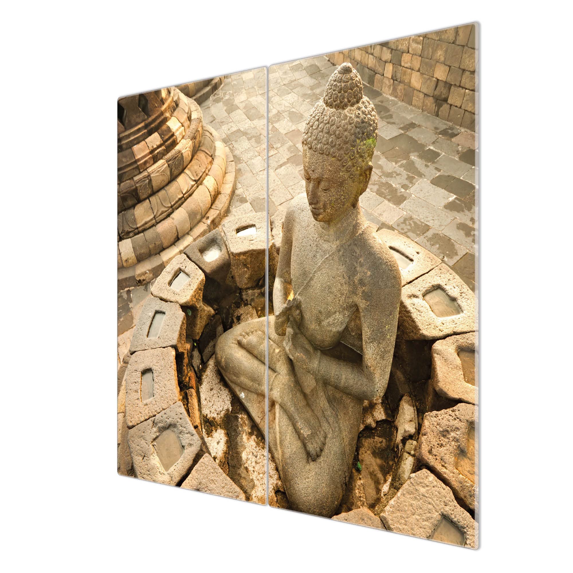 banjado Herdabdeckplatte Glas 2-teilig 60x52cm - Schneidebrett Herdabdeckung - Herdabdeckplatten Ceranfeld 2-teilig - Schneidebrett Glas - Motiv Sitzender Buddha