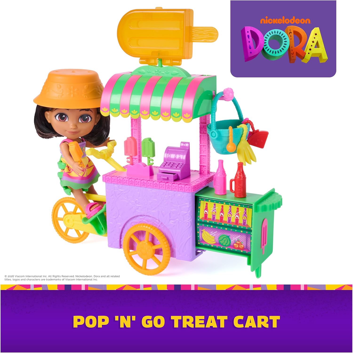 Dora, Pop 'N' Go Treat Cart with 15 Pieces, Transforming Cart & Toy Storage with 6-inch Dora Figure, Kids Toys for Girls & Boys Ages 3 and Up
