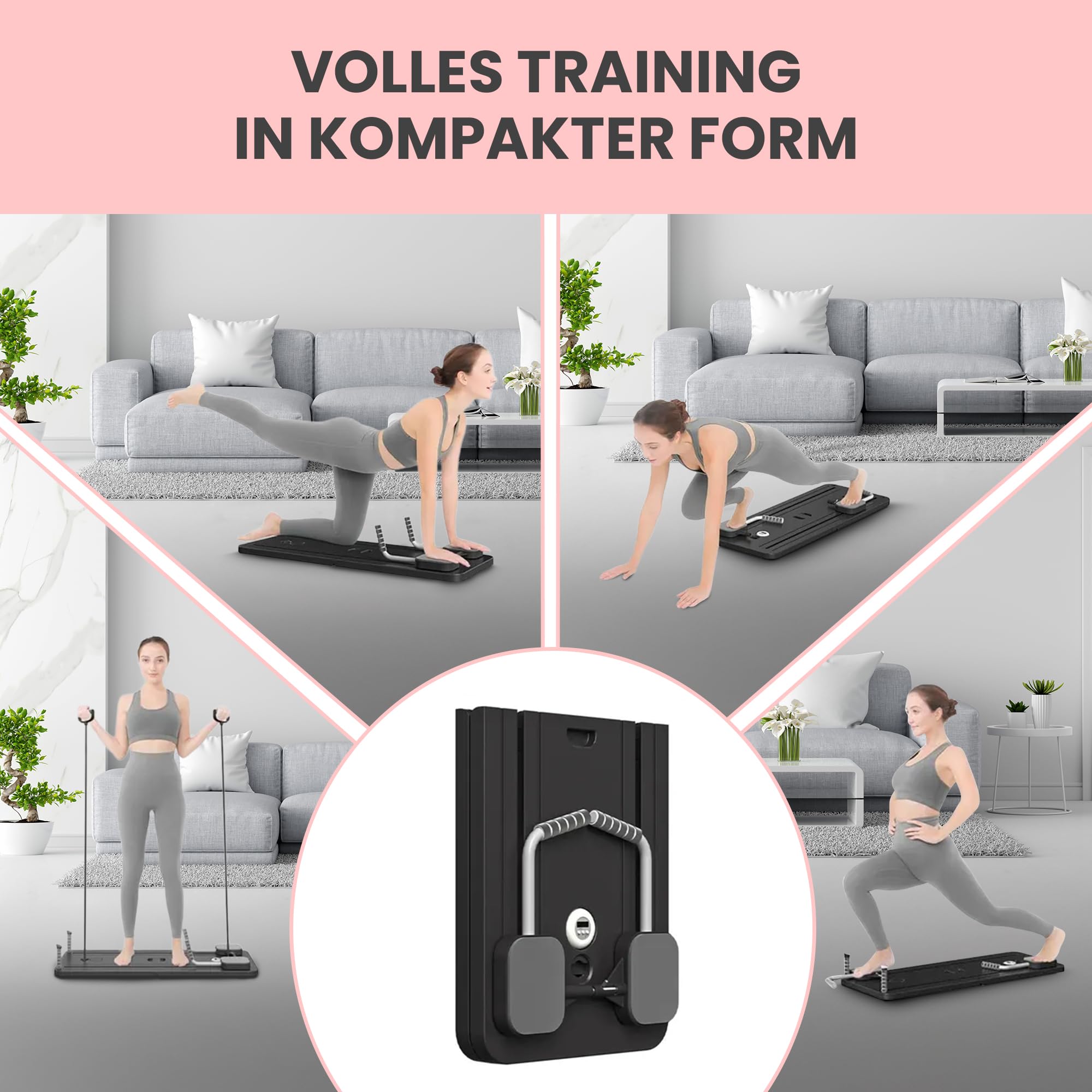 Extralink Pilates Board – Klappbarer Pilates Reformer für Zuhause, Multifunktional, Bauchtrainer mit Widerstandsbändern, Automatischer Rückprall, LCD Timer & Handyhalterung, Kompakt & Stabil