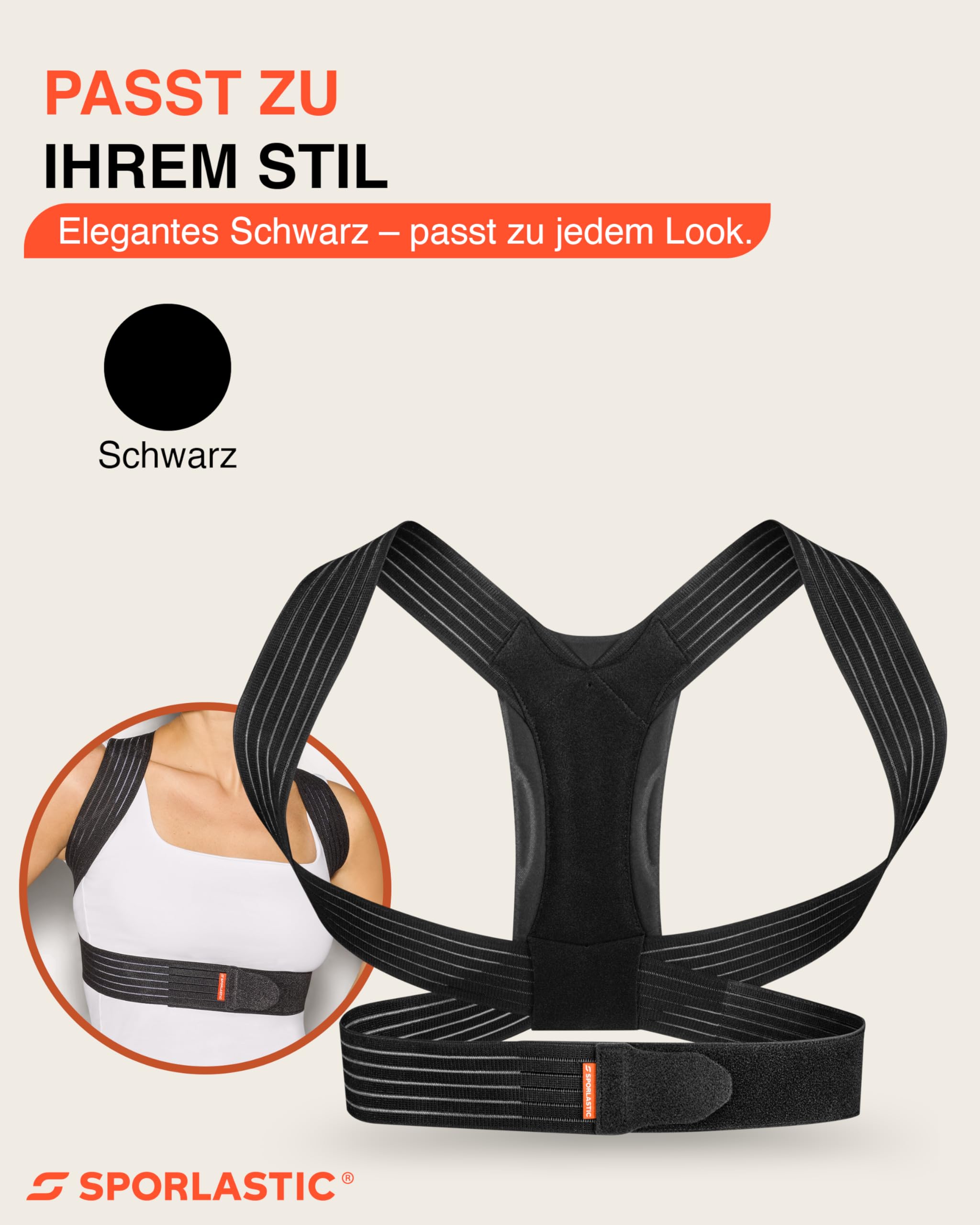 SPORLASTIC – SP Posture BWS-Orthese zur Aufrichtung & Entlastung der Brustwirbelsäule – Schultergurt Haltungskorrektur bei Fehlhaltung & Dorsalgie – Rücken Geradehalter mit Rucksackprinzip (Schwarz)