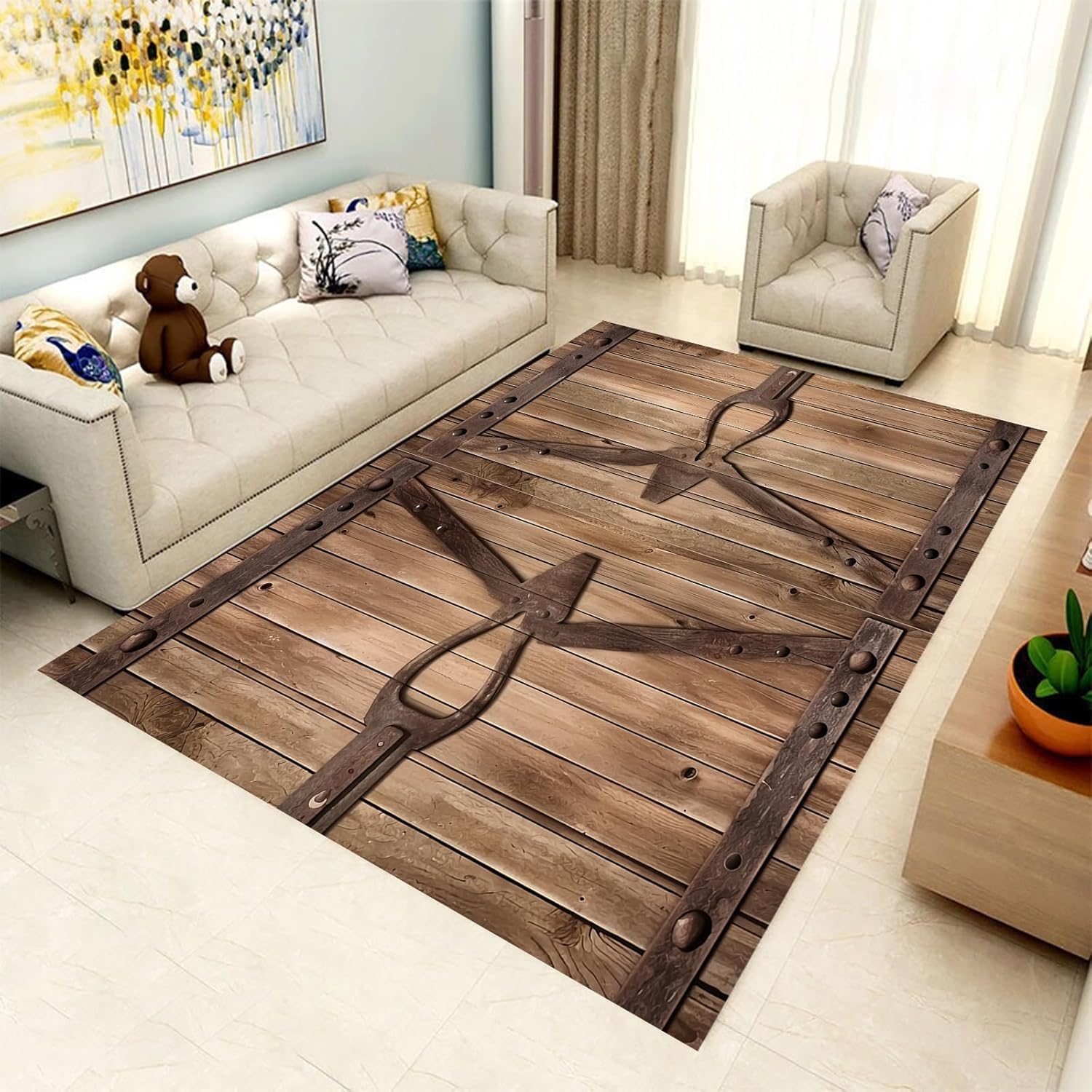 Tapis salon effet planche de bois rétro en flanelle douce 120x160cm