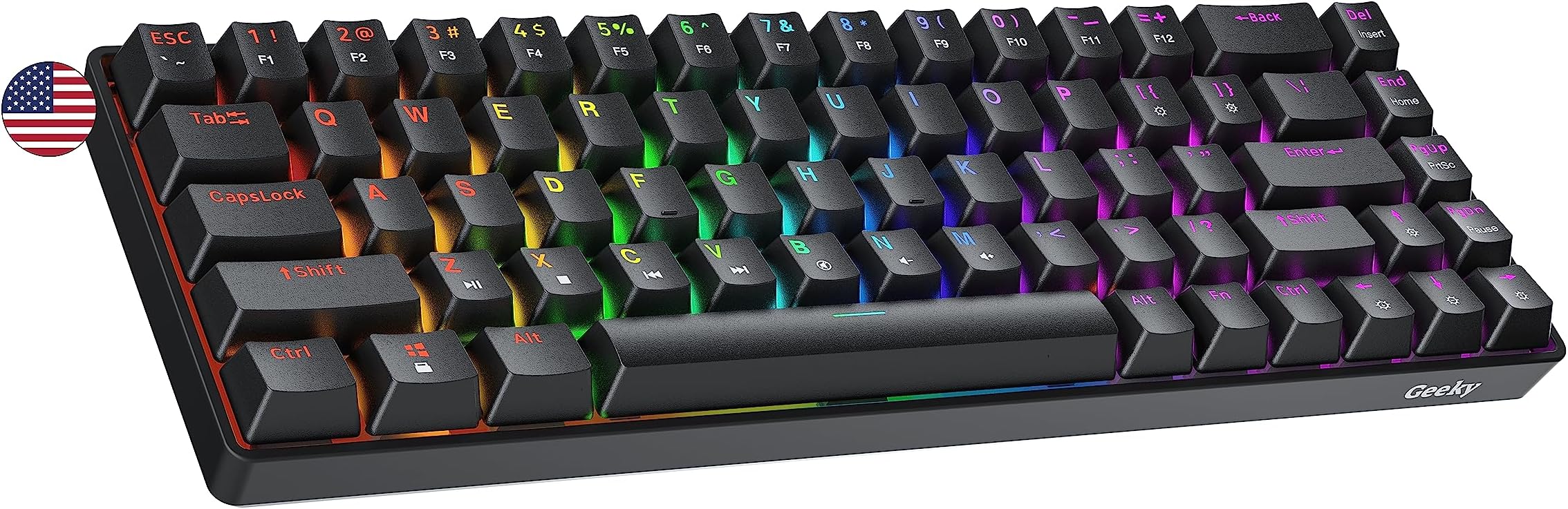 Geeky GK65 SE 65% | Mechanical Gaming Keyboard | 68 Keys Multi Color RGB LED Backlit for PC/Mac Gamer | ANSI US American Layout (Black, Mechanical Speed Silver)