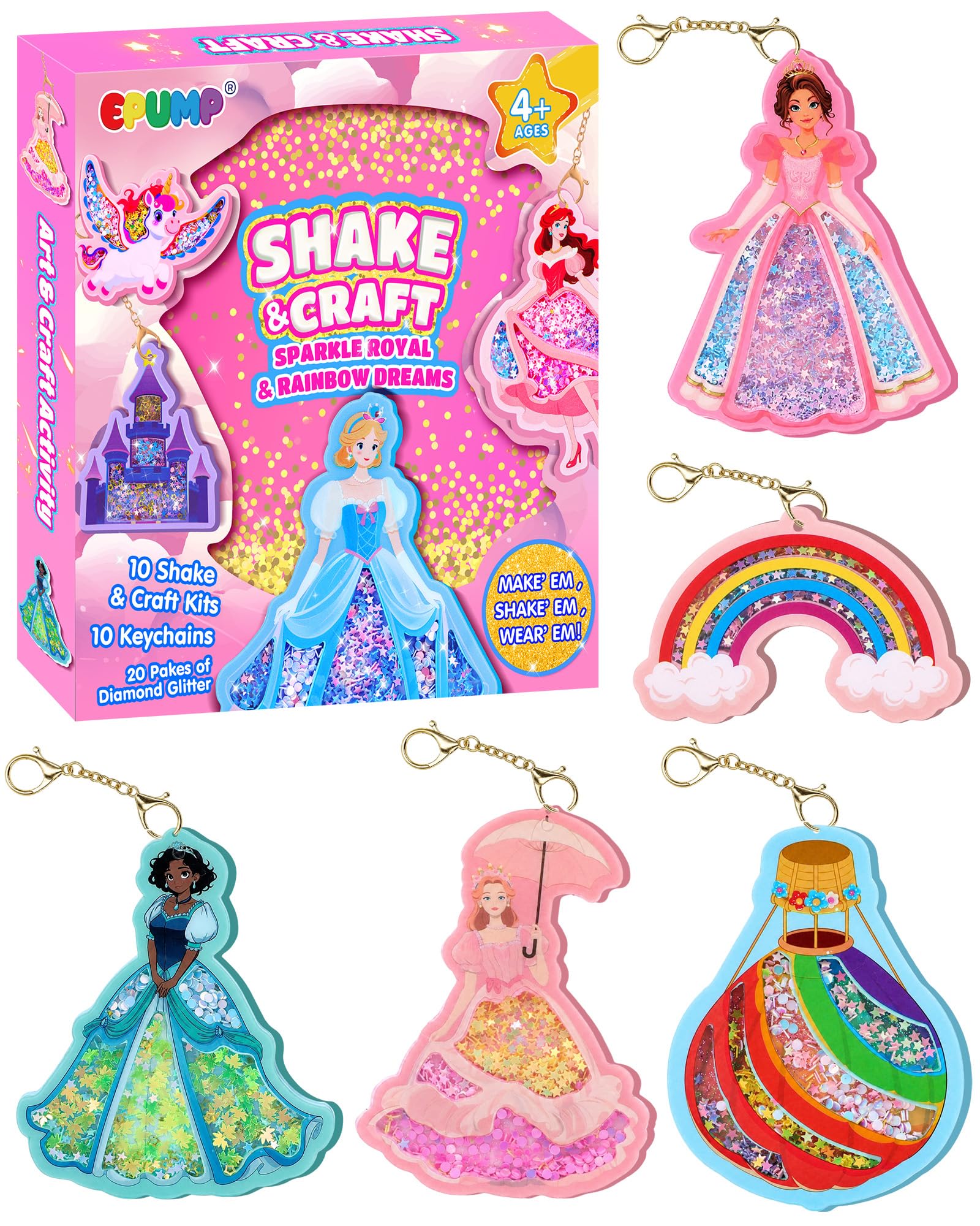 EPUMP DIY Craft Kit for Kids, Keyring Making Kit with Glitter Confetti, Unicorns & Princesses Arts and Crafts Toys, Shaker Bag Charms, Creative Handmade Gift for Girls & Boys Ages 4-9 Years