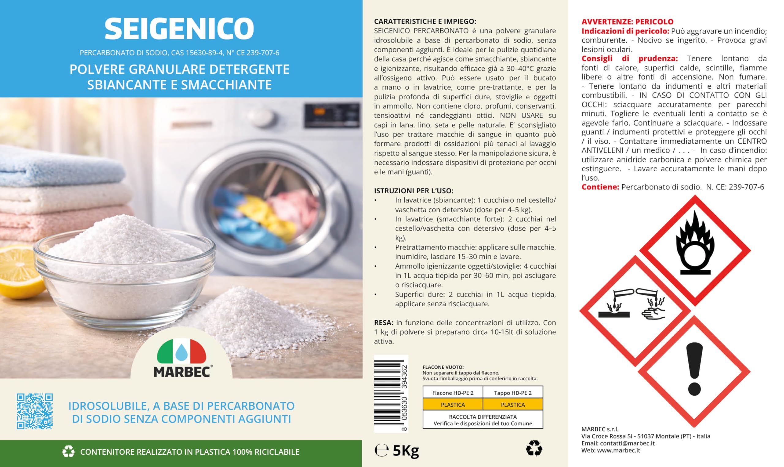 MARBEC SEIGENICO 5KG Percarbonato di sodio in polvere, smacchiante e sbiancante, igienizzante sopra i 50°C, solubile, senza cloro.