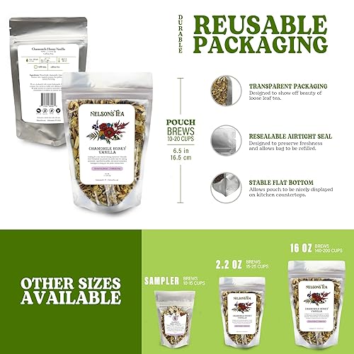 Miniatura 5 de Nelson's Tea Manzanilla Miel Vainilla  Té de hojas sueltas de hierbas, mezcla curada con arbusto de miel, manzanilla, citronela, raíz de regaliz,