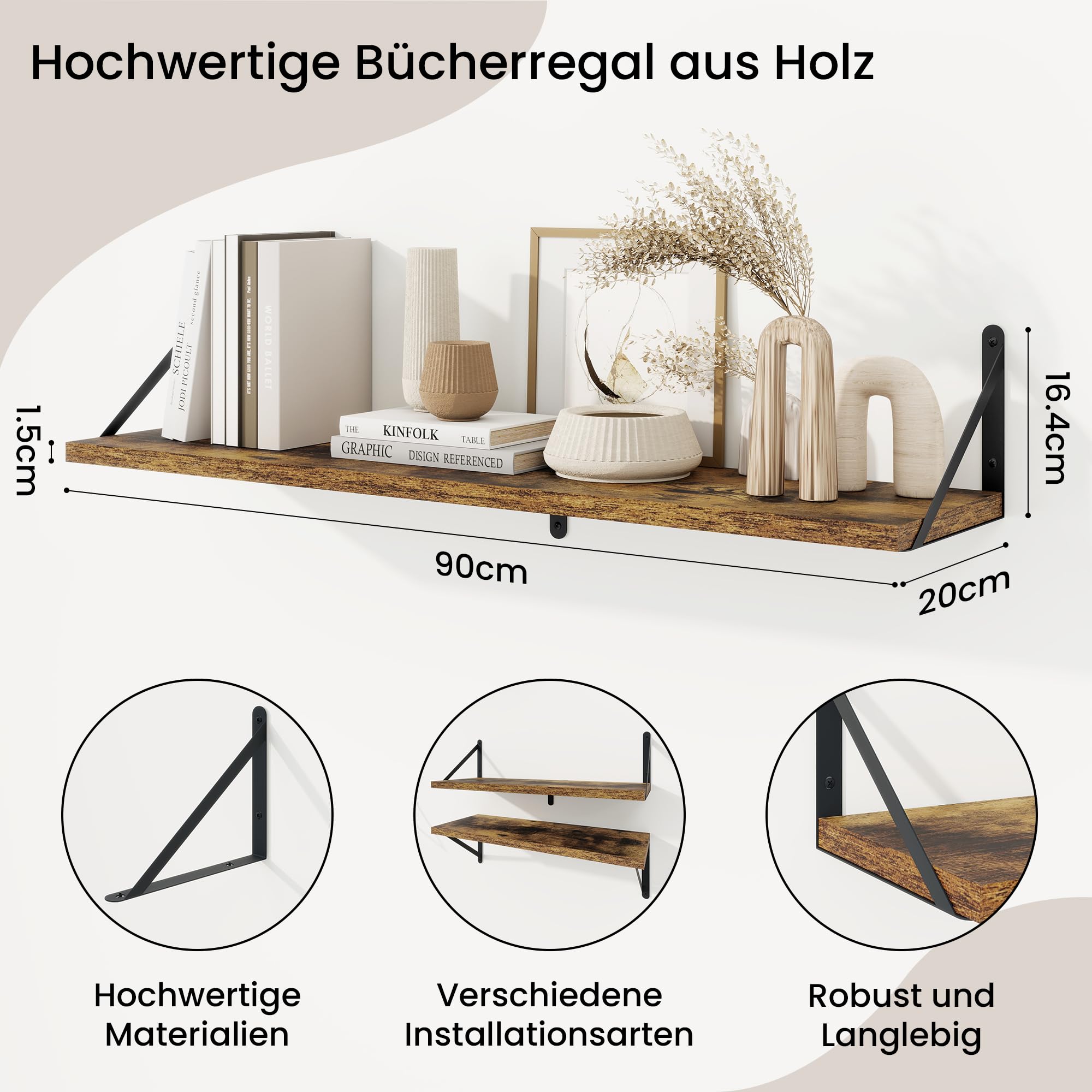 Feihorrm 3er Set Bücherregal, Wandregal Rustikal Braun, Regal 90cm Breit | Wandregal Holz, Bücherregal Wand, Regale für Wände, Bücherregal Holz für Wohnzimmer, Schlafzimmer & Arbeitszimmer