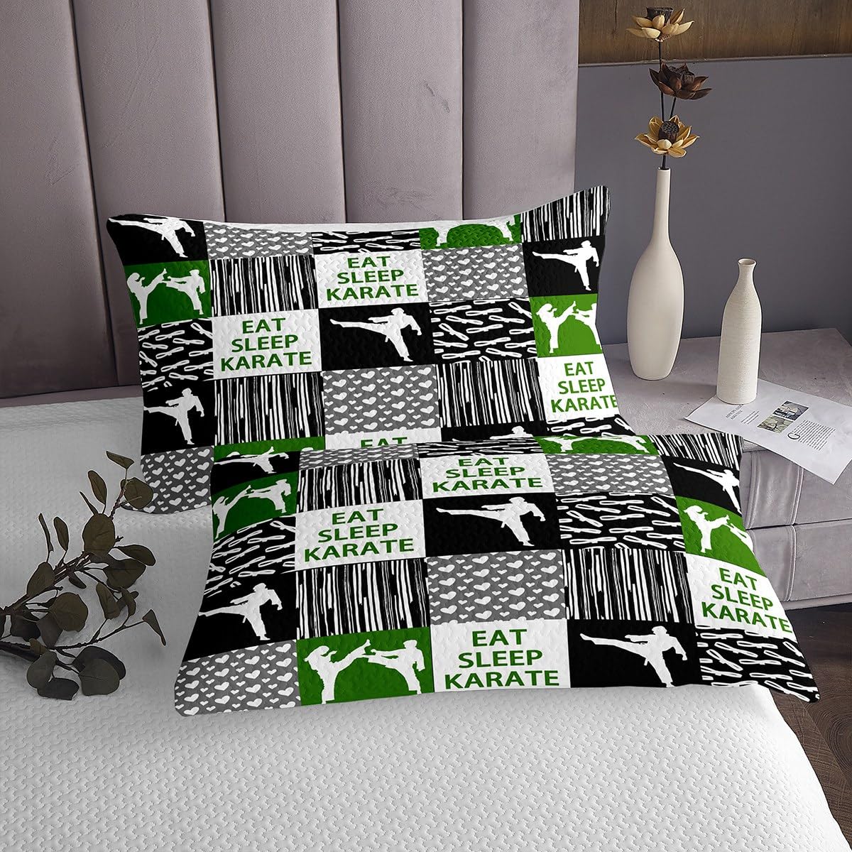 Homemissing Juego de colcha de decoración de karate, tamaño doble, moderna, geométrica, funda de ropa de cama de arte marcial, colección de ropa de cama verde karate para niños, niñas y adultos