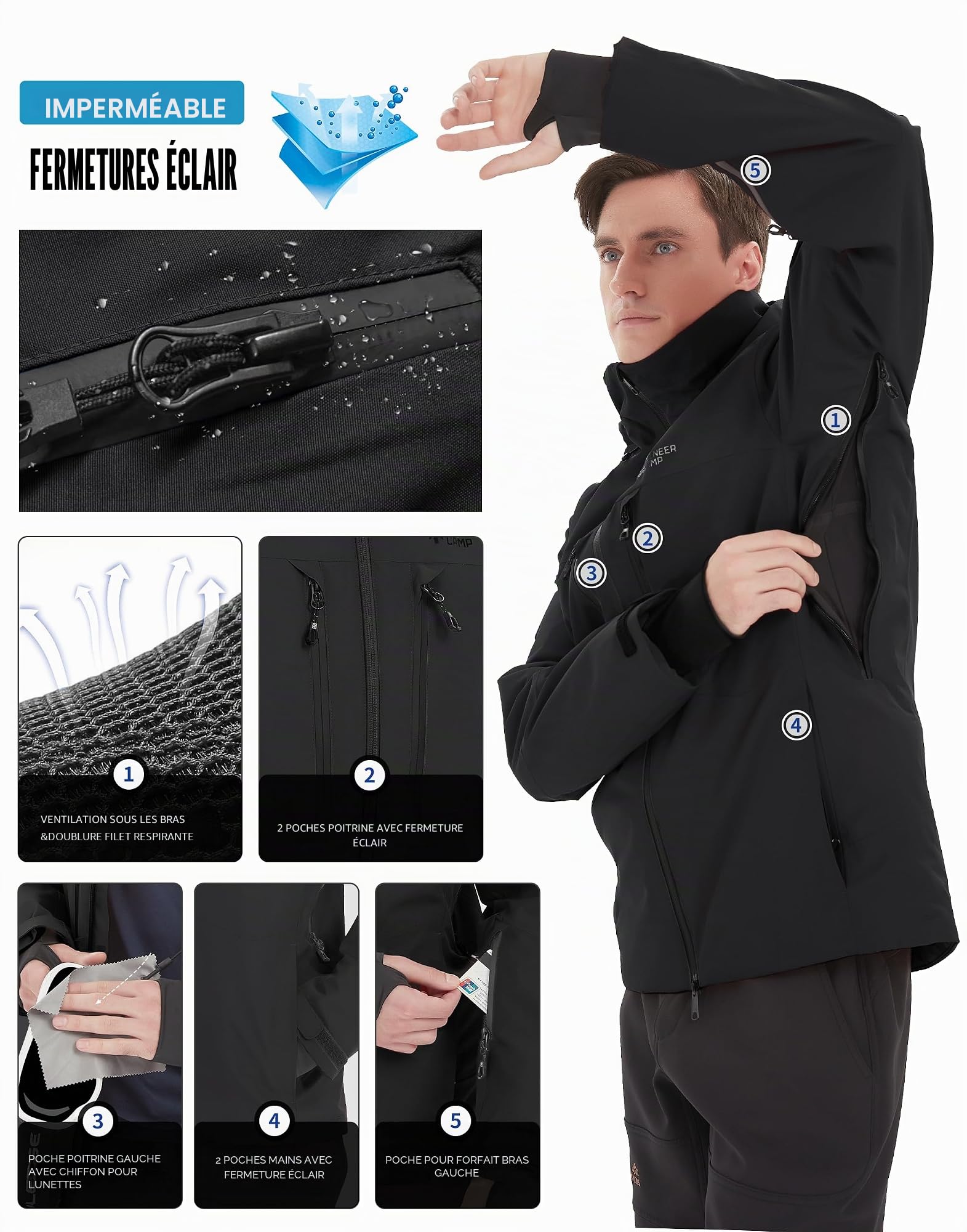 Pioneer Camp Homme Veste de Ski et Réflecteurs RECCO® Imperméable Snowboard avec Multi-Poches, Capuche