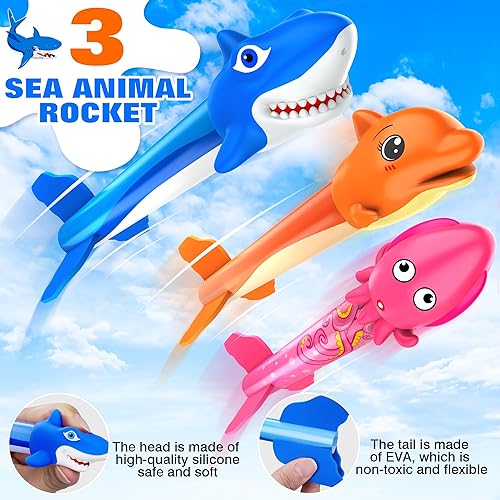 Miniatura 3 de Lanzador de cohetes de juguete para niños, juguetes de lanzamiento con 3 cohetes temáticos de animales marinos y soporte de lanzador, divertido
