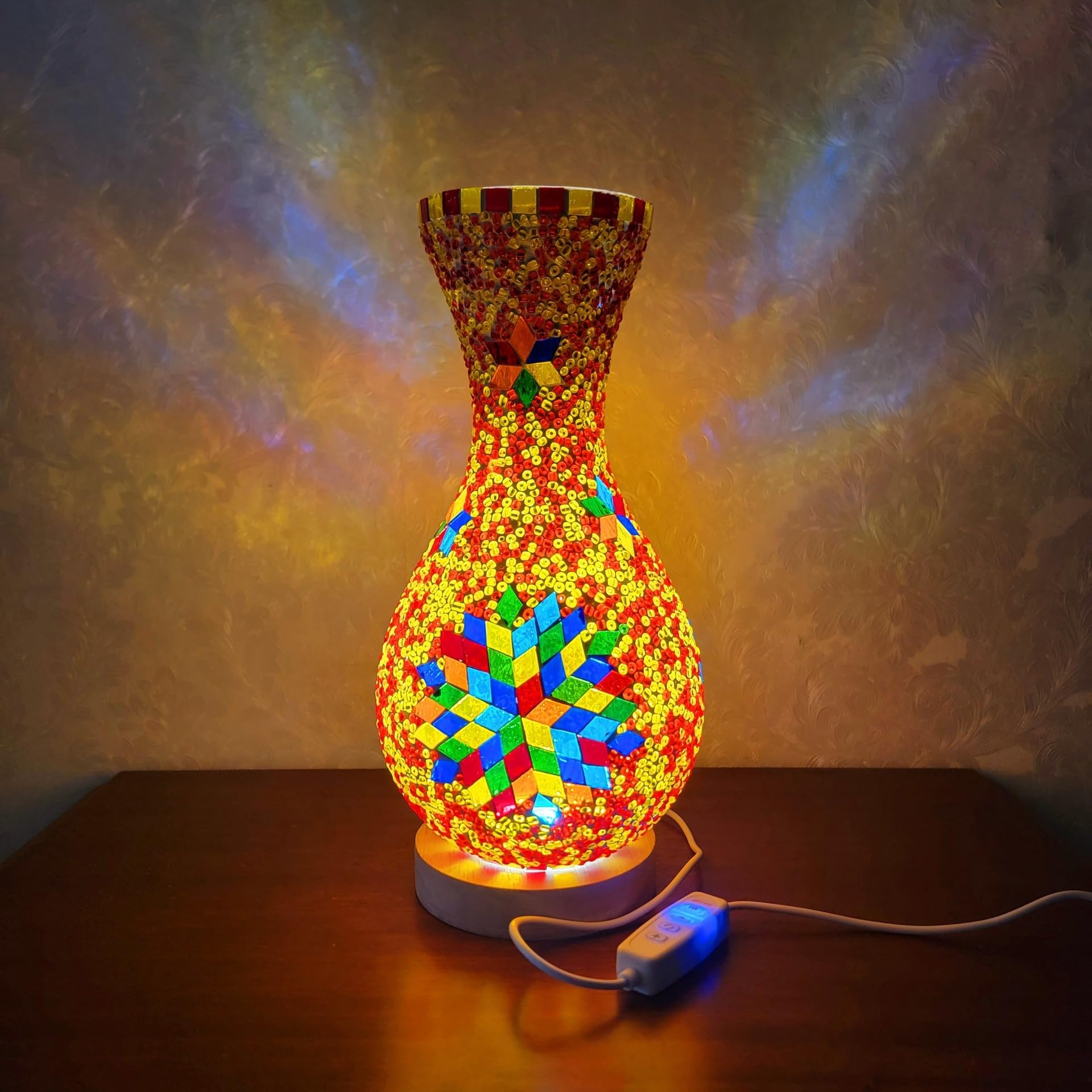Maimeili Retro Turkish Mosaic Vase Lamp Turkish Moroccan Table Lamp Colorful Handmade Glass Vase with Wood Base for Flowers USB Charge Decor Light for Bedroom Ambient Living Room Farmhouse