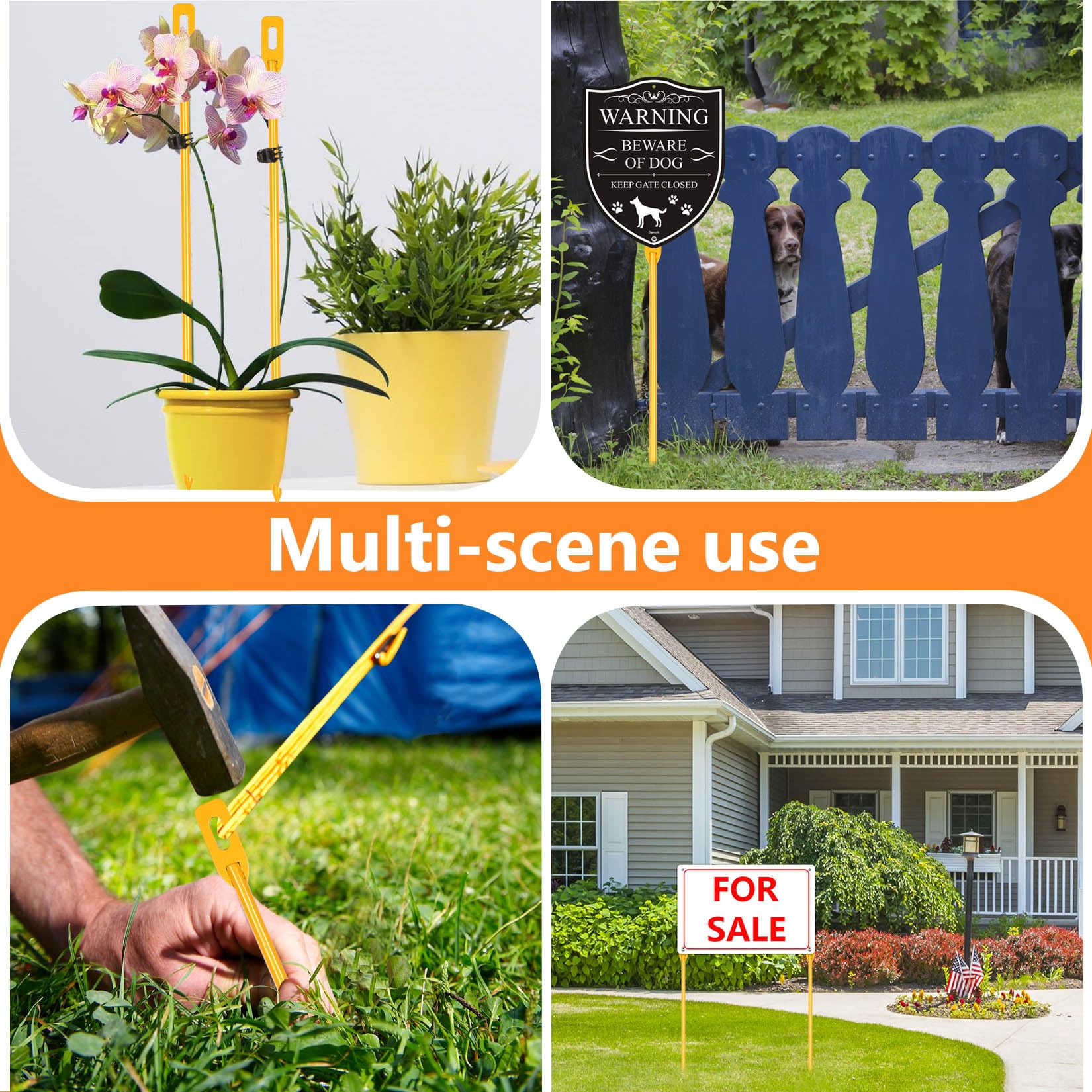 2-Pack piquets de signalisation en métal de 43 cm - Support de Panneau de Tente pour Montage de Panneaux de Jardin, Tente, Escalade et Fixation des Plantes (Jaune X2)