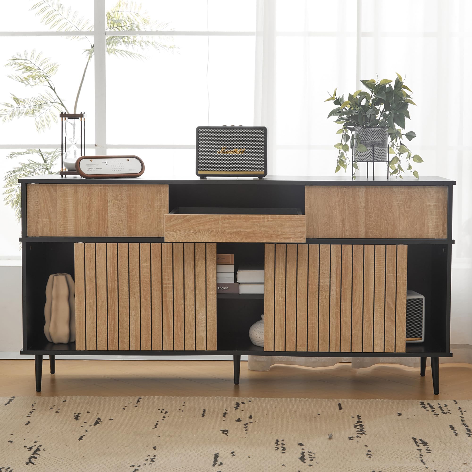 Zepneiy Cassettiera 160 x 40 x 80 cm con 4 ante scorrevoli e 1 cassetto, rovere+nero