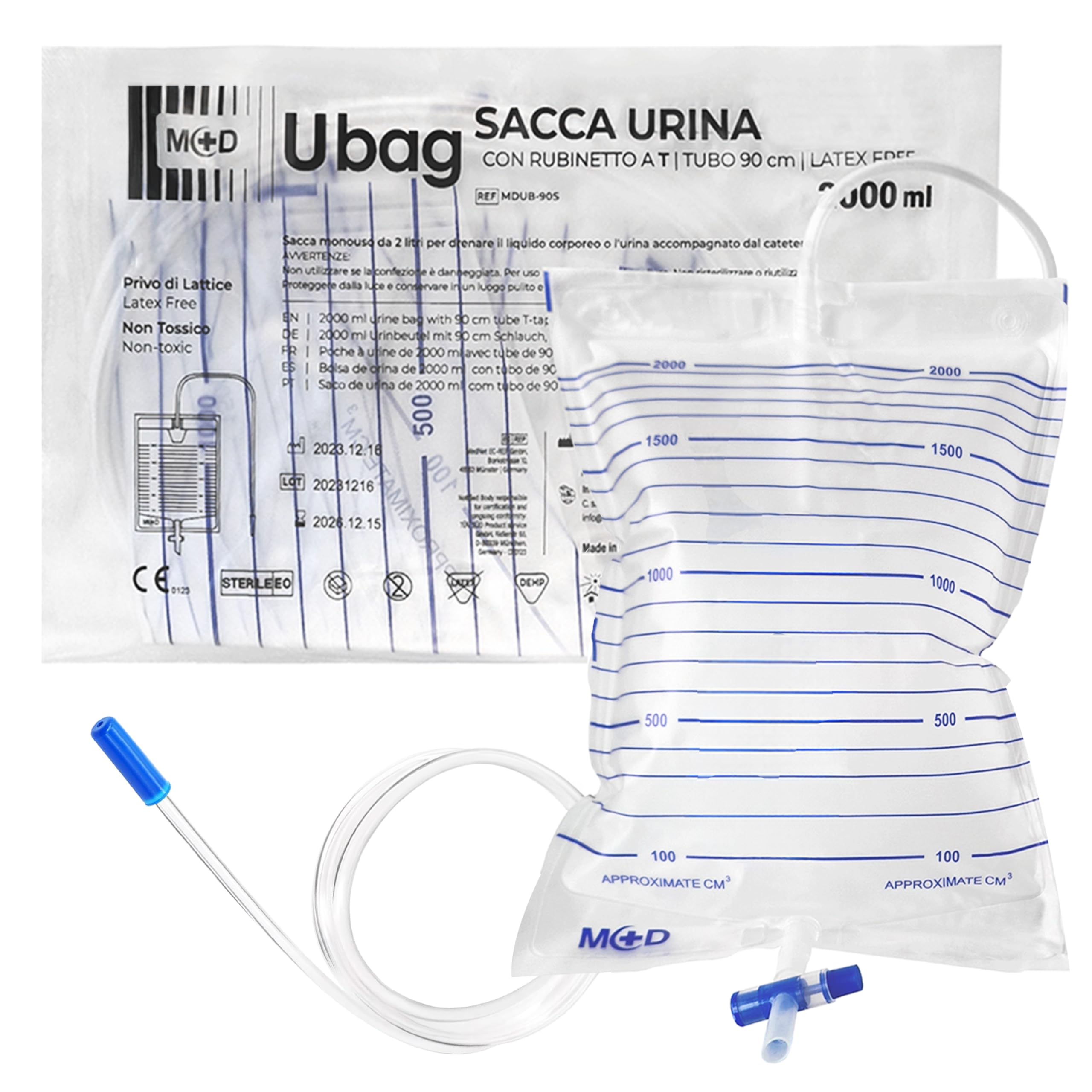 Sacche per urina da letto 2 litri tubo 130 cm con rubinetto di scarico a croce (T) e valvola antireflusso (100 pz)
