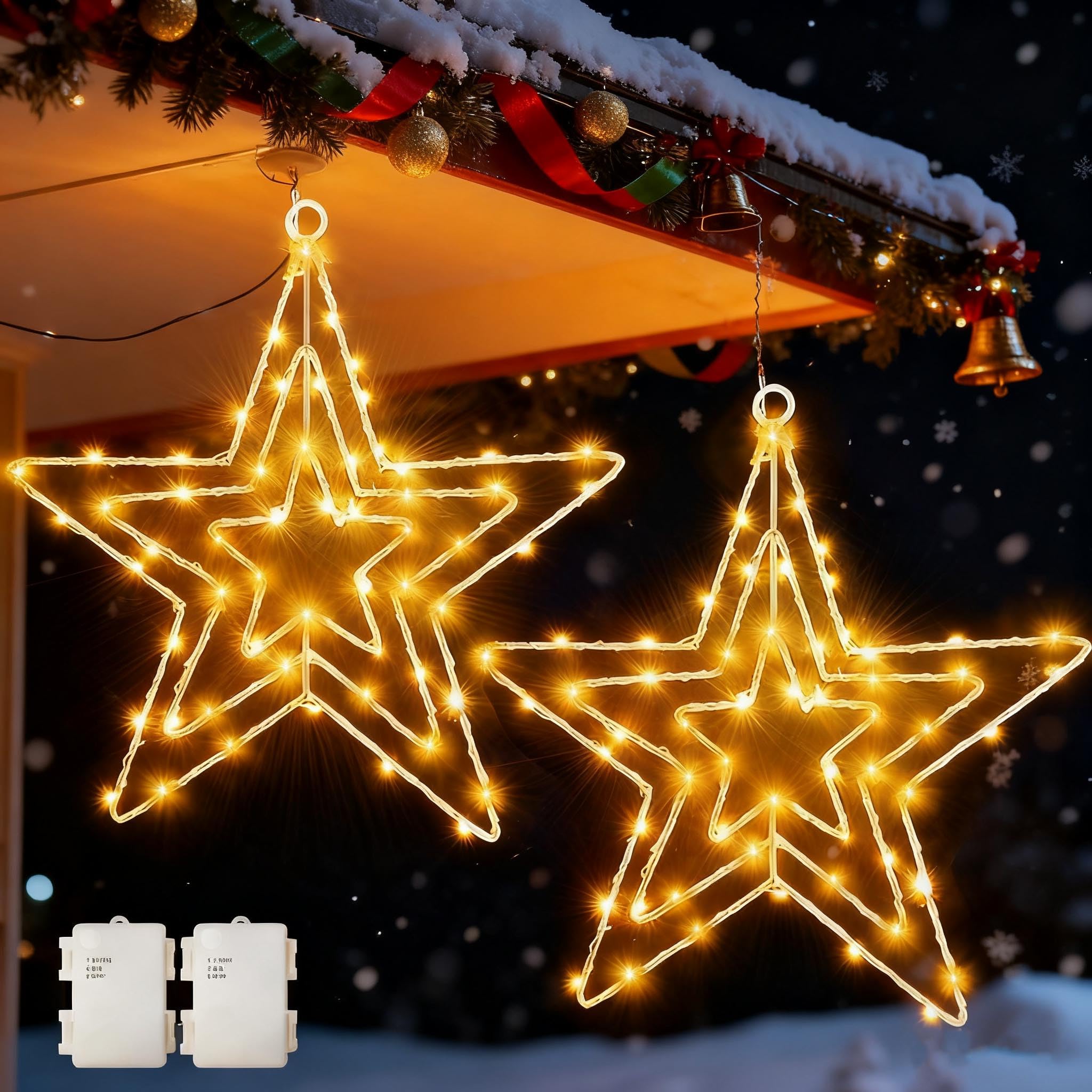 yowin Christmas Star Window Lights 2 Pack 75 LED Star Lights Battery Operated with Timer, Waterproof Large Metal Hanging Christmas Tree Light for Xmas Window Porch Room Indoor Outdoor Decorations โ image 1