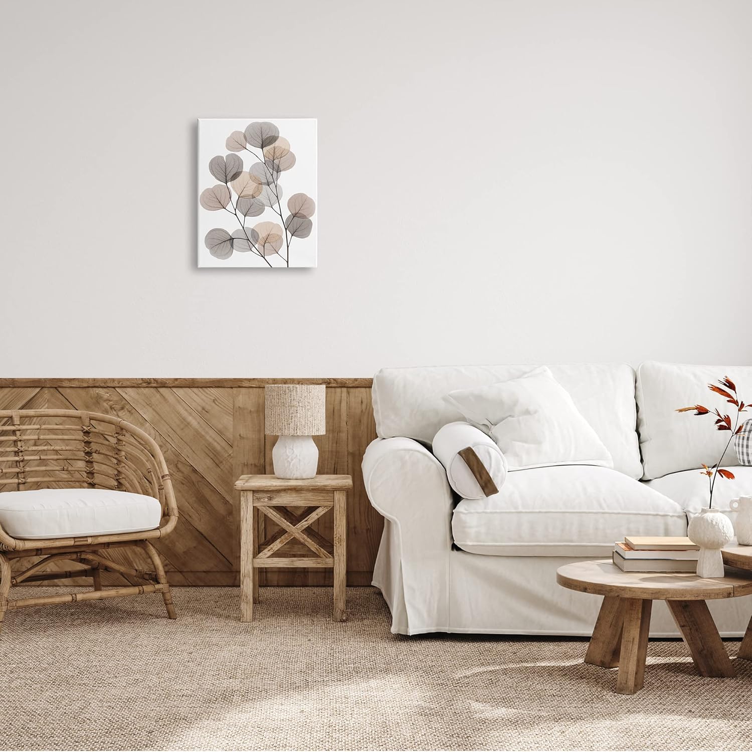 Modern Eucalyptus Leaf Stems Translucent Brown and Grey Canvas Art
