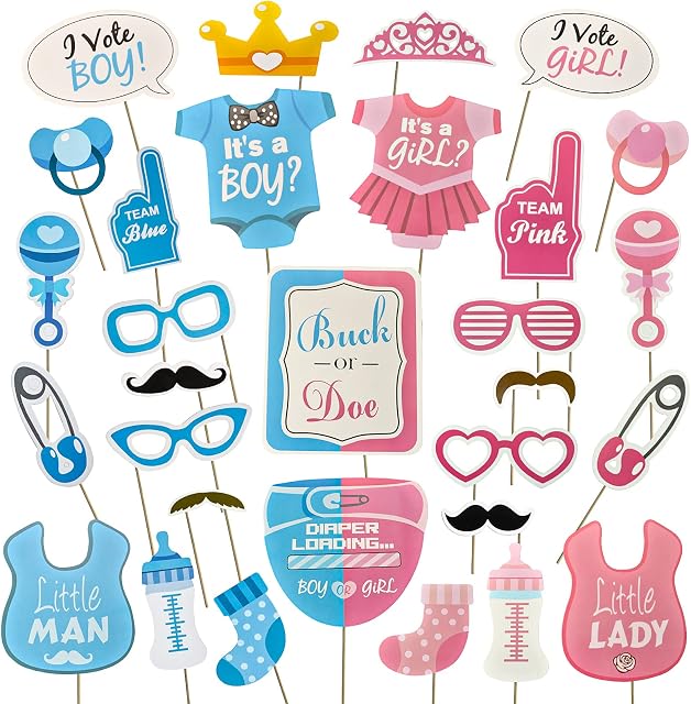 AIBAOBAO Baby Shower Decorations Unisex, 30PCS Baby Shower Games Photo Booth Props, ITS A BOY and IT'S A GIRL Confetti Gender Reveal Decoration for Baby Shower Decorations Supplies