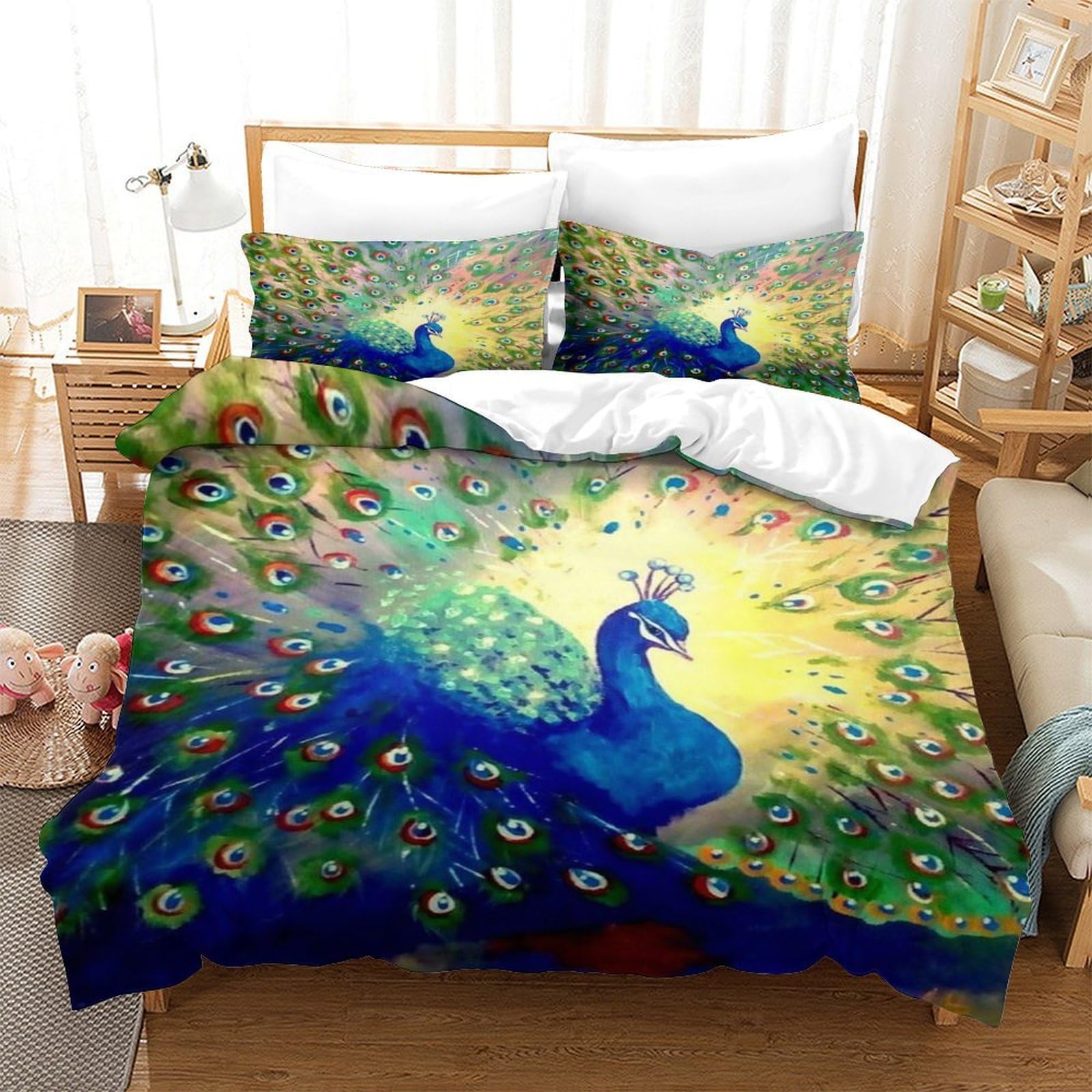 QDZHCPMYK Peacock Duvet Cover Sets 3 PCS Hotel Quality Quilt Cover Bedding Set Bed Covers with Pillowcases with Zipper Closure Ultra Soft Anti Allergic Microfiber Single（140x200cm）