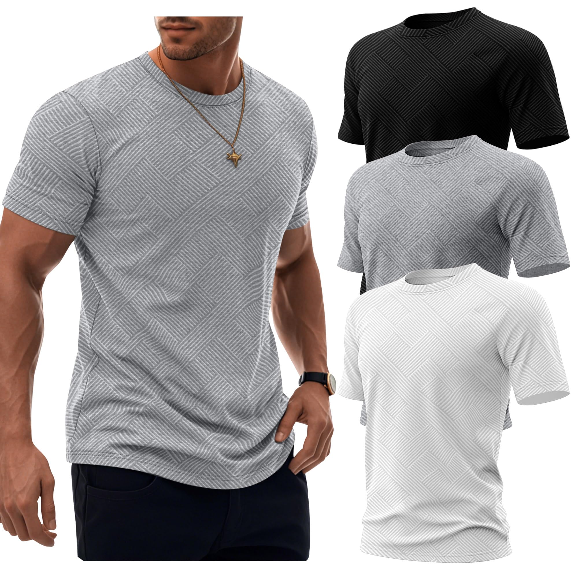 Ficerd 3 Pack Men's Cotton T Shirts Casual Short Sleeve Tops Crew Neck Texture Knit Blouse Fitted Summer Tee