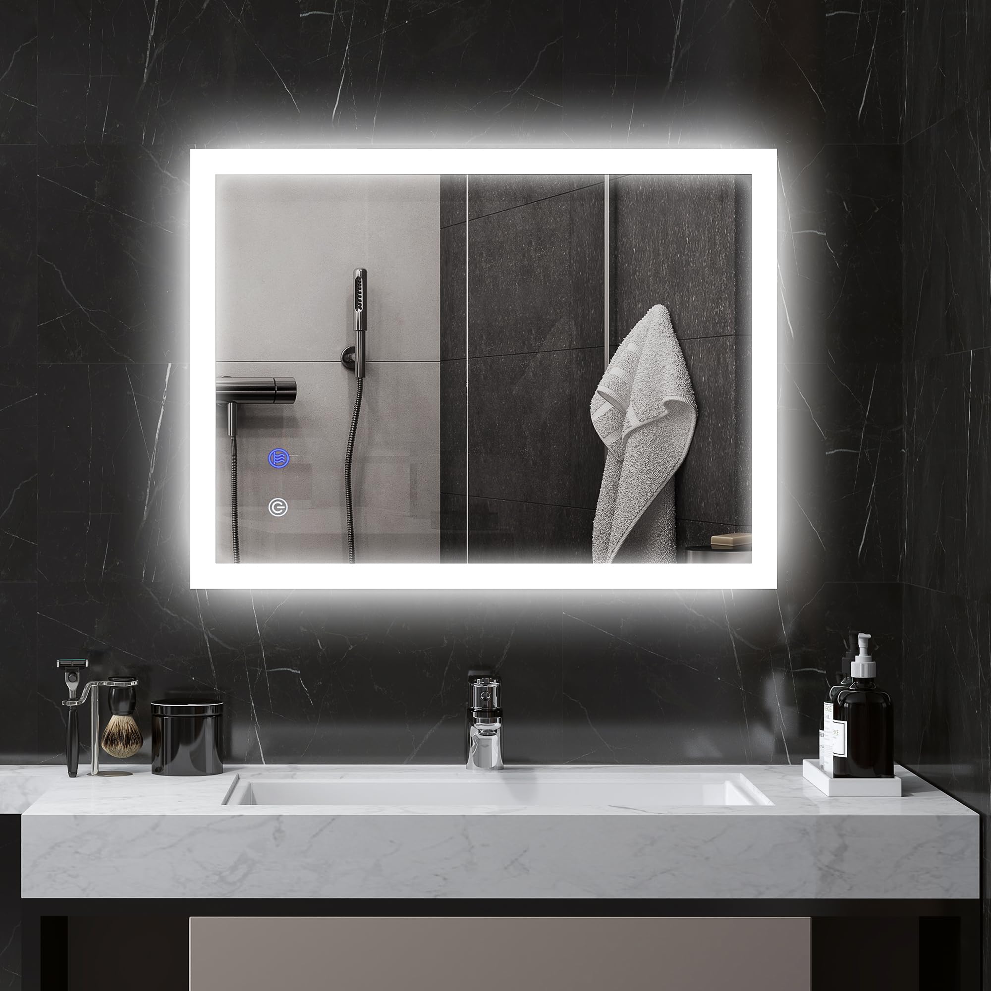kleankin Miroir Mural Lumineux LED de Salle de Bain 80 x 60 cm Transparent | Avec 3 Couleurs, Luminosité Réglable, Interrupteur Tactile, Système Antibuée