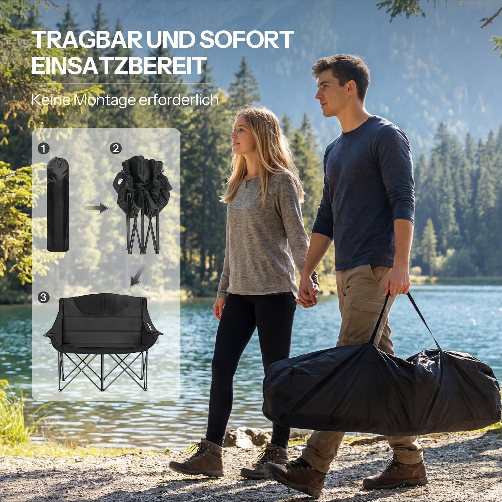 LARMNEE Campingstuhl Faltbar für 2 Personen, Campingsofa, 2 Getränkehalter, 200 KG Belastbar, Campingcouch Dick Gepolstert Klappstuhl, inklusive Tragetasche, Schwarz EBK03LC02