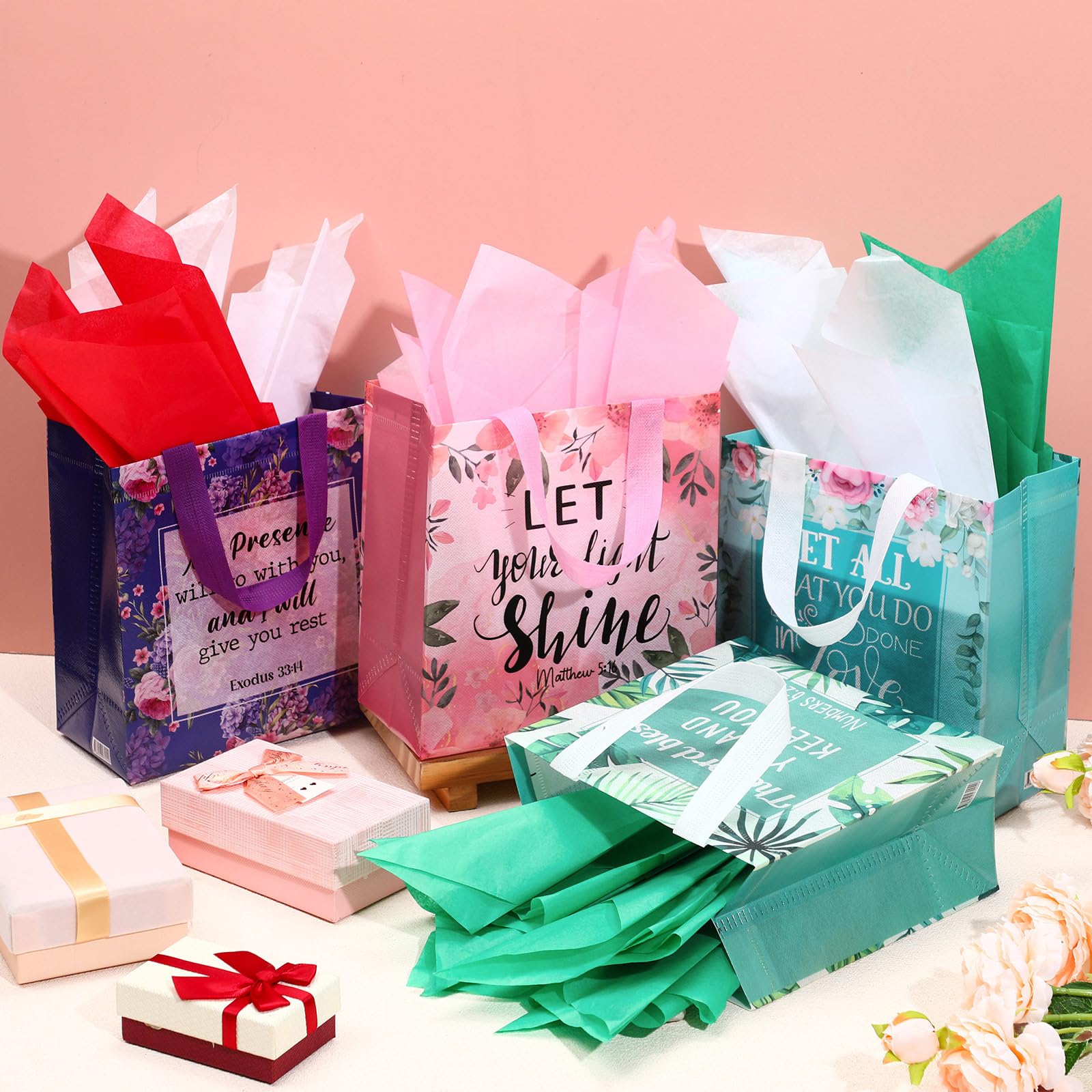 Riakrum 32 Pcs Religious Gift Bags Bulk for Women, Non Woven Christian Gift Bag with Handle, Reusable Flower Religious Baptism Bible Verse Tote for Eid Easter Catholic Theme Party Favors
