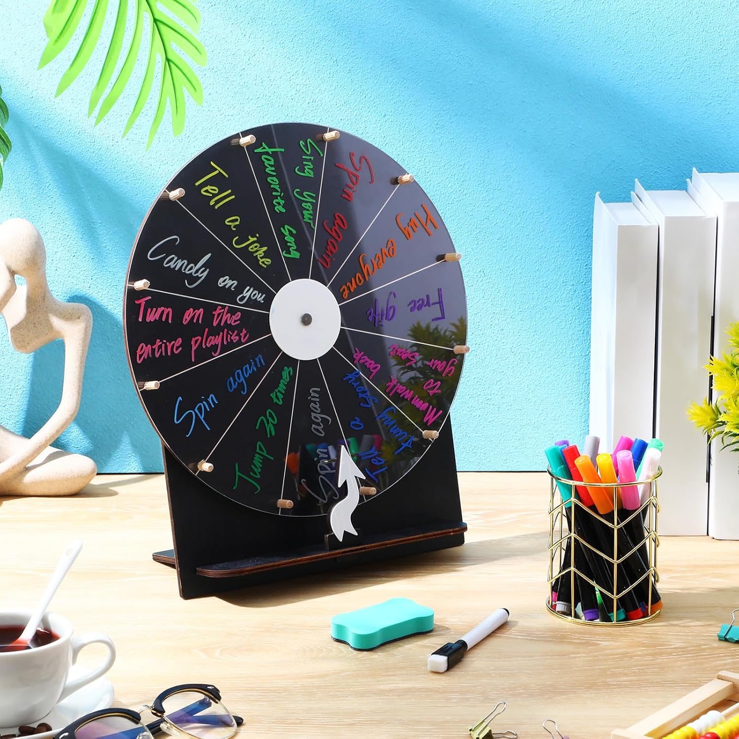 11.4 Inch Spinning Wheel Erasable Raffle Spin The Wheel Game with Stand and Arrow Wooden Prize Tabletop Spinner Raffle Roulette for Wedding Family Bridal Party Baby Shower Games(Black)