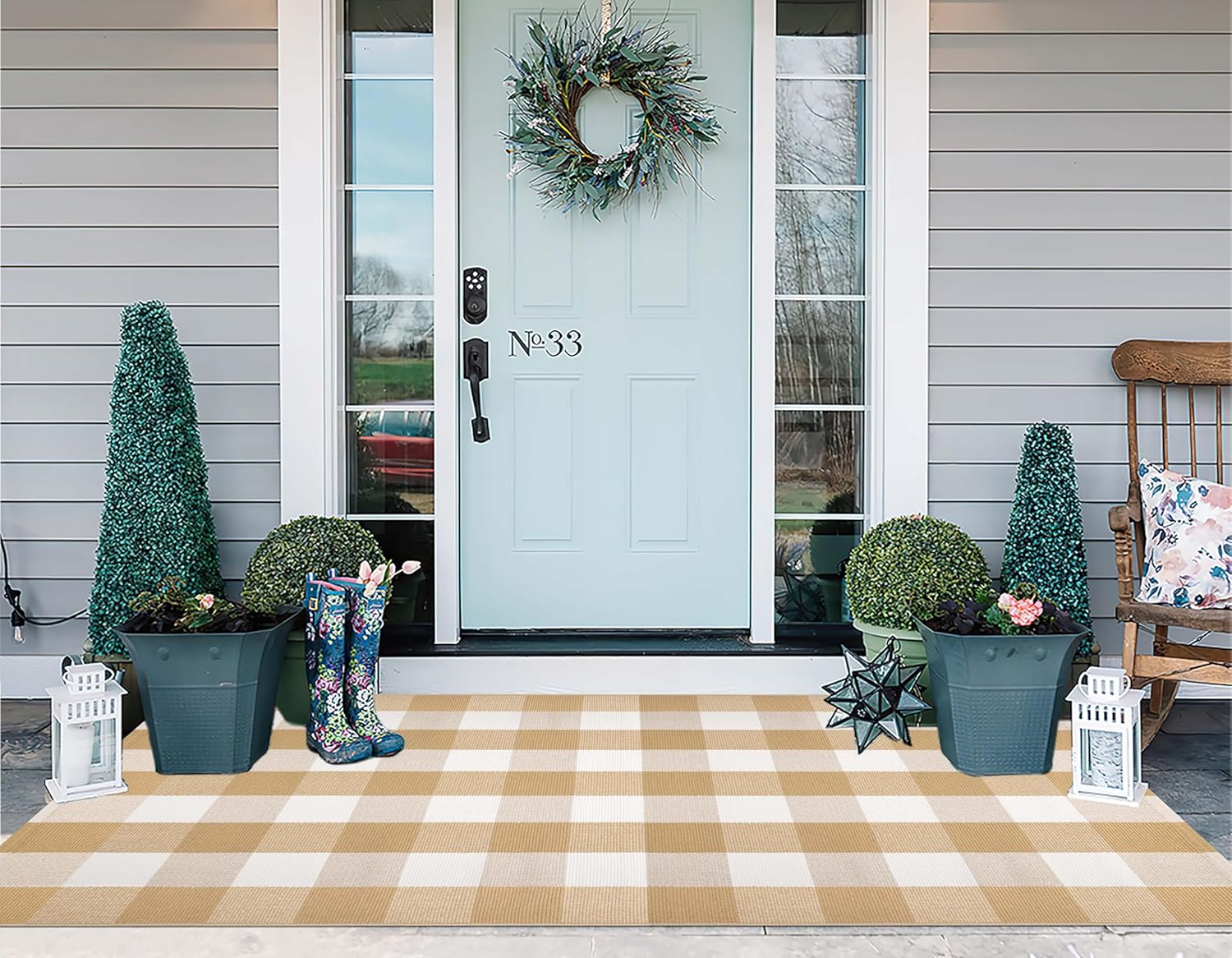 Khaki and White Outdoor Rug 3'x5', Fall Outdoor Porch Rug Cotton Woven Washable Farmhouse Indoor Outdoor Doormat for Front Porch Hello Welcome Layered/Entryway/Bedroom/Living Room/Patio