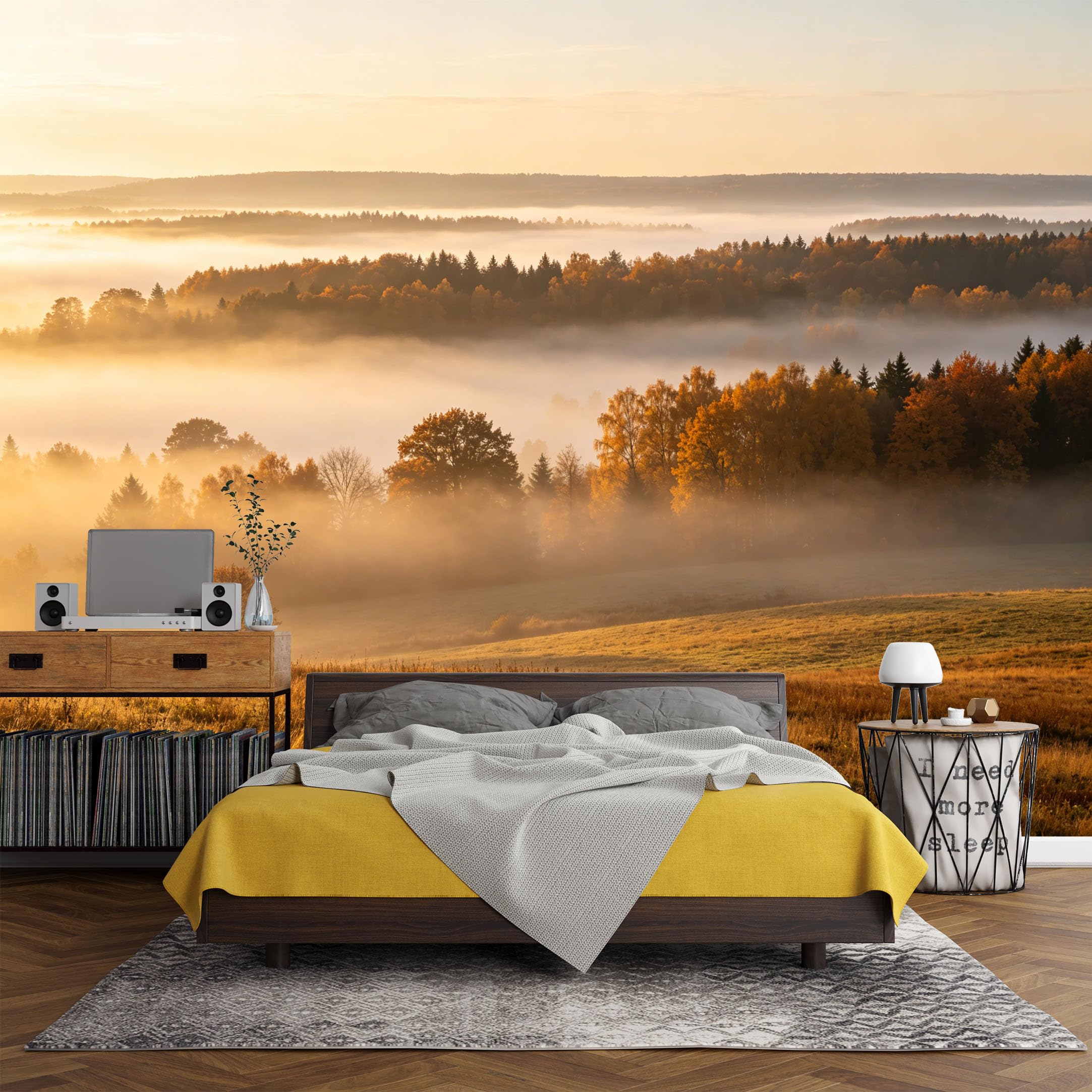 Custom Size Wall Mural， Landscape Autumn Forest Mist Sunrise Field，SelfAdhesive Art Prints wall Fabric (No PVC) Removable Wallpaper Living Room Decor