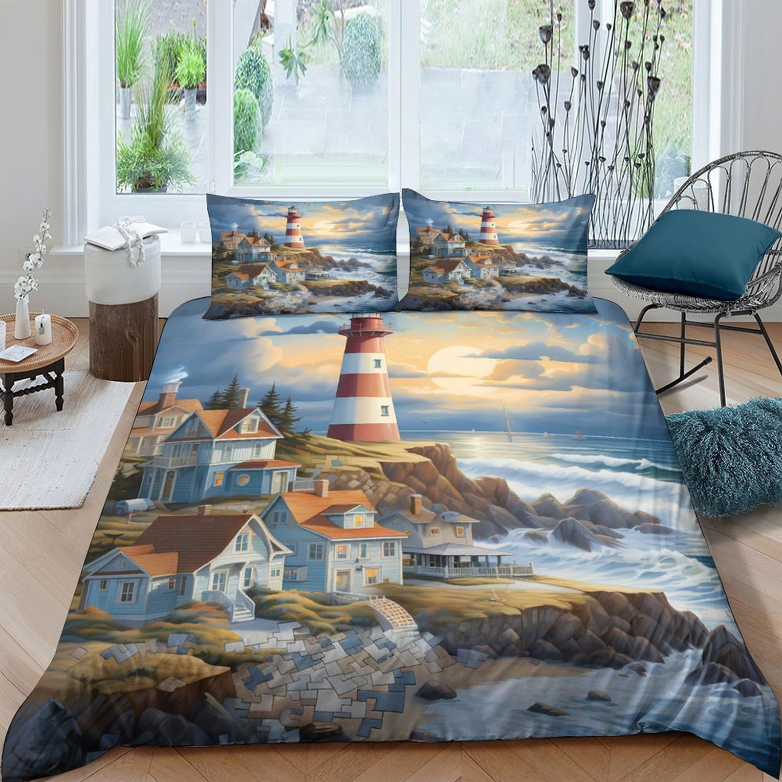 Ctjqhvkz Style-3 3D Printed Lighthouse Coast Fitted Sheet Microfiber Scenic Seaside Bed Cover For Bedroom Dorm Mattress Protection Decor Single（135X200cm）