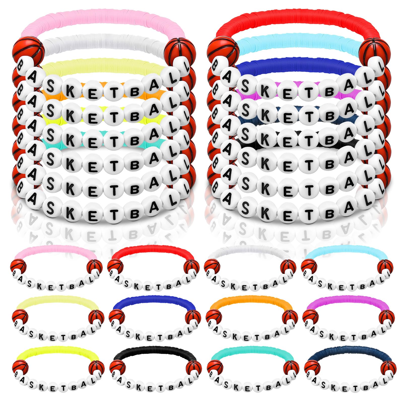 Trnayi 24 Pcs Valentine's Day Basketball Gifts Basketball Bracelets Party Favors Sports Stackable Clay Bracelets Adjustable Sports Charm Accessories