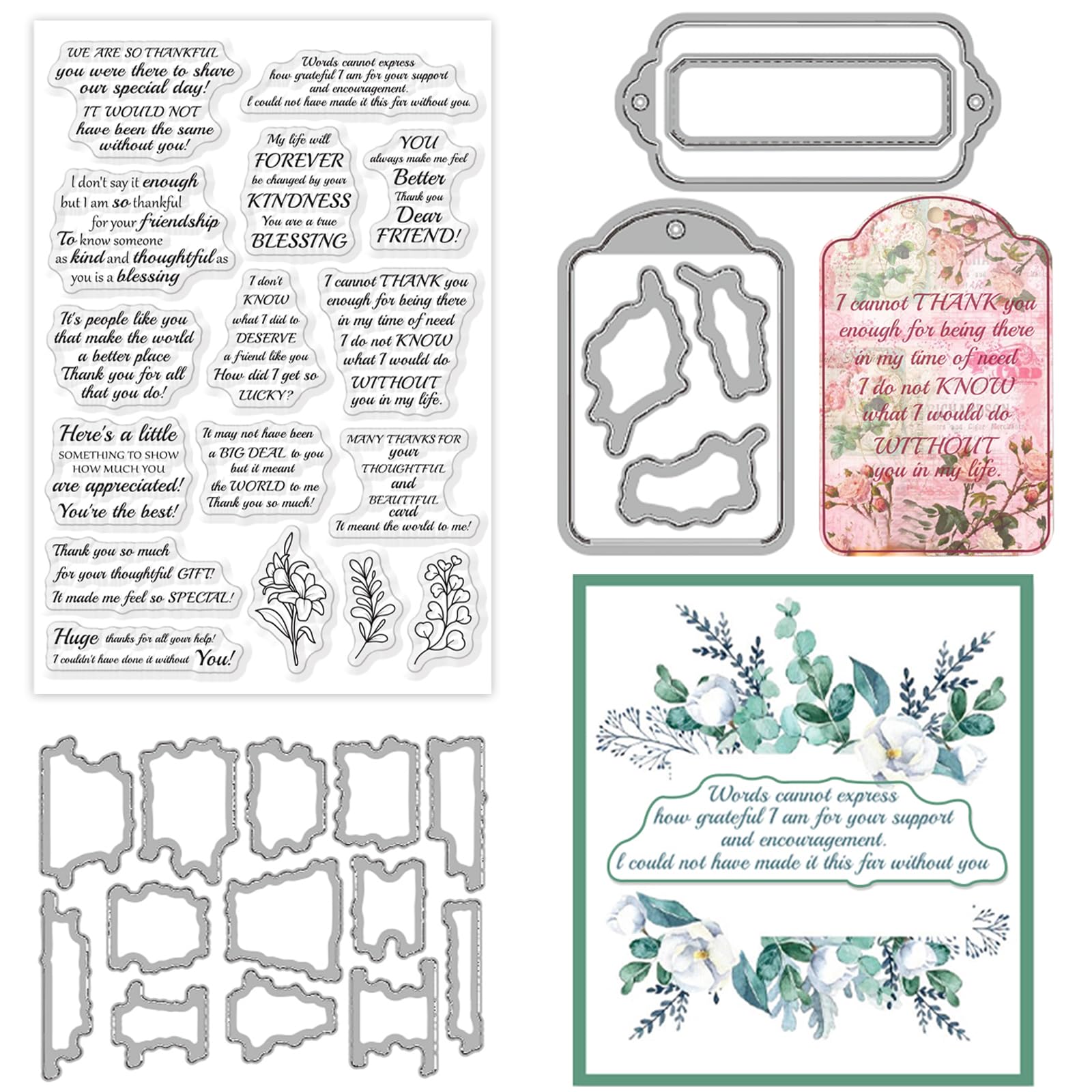 ORIGACH Thank You Sentiments Clear Stamps and Dies Set for Card Making Thank You Greeting Words Silicone Stamps Cutting Dies for DIY Scrapbooking Album Decorative