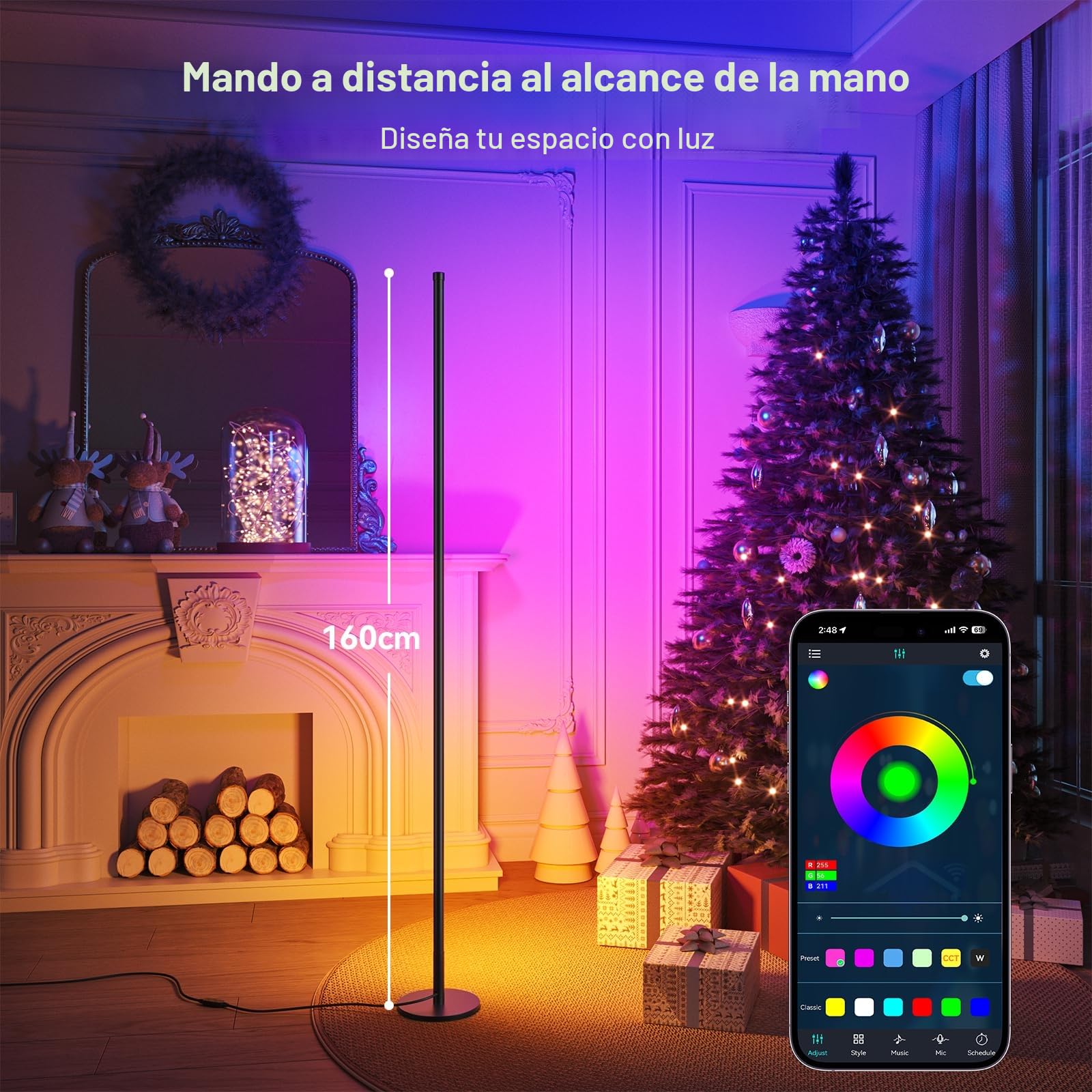 Lámpara de Pie LED Regulable RGB para sala de estar, 160 cm, con control por aplicación y mando a distancia, sincronización de música y temporizador, para decoración de fiestas