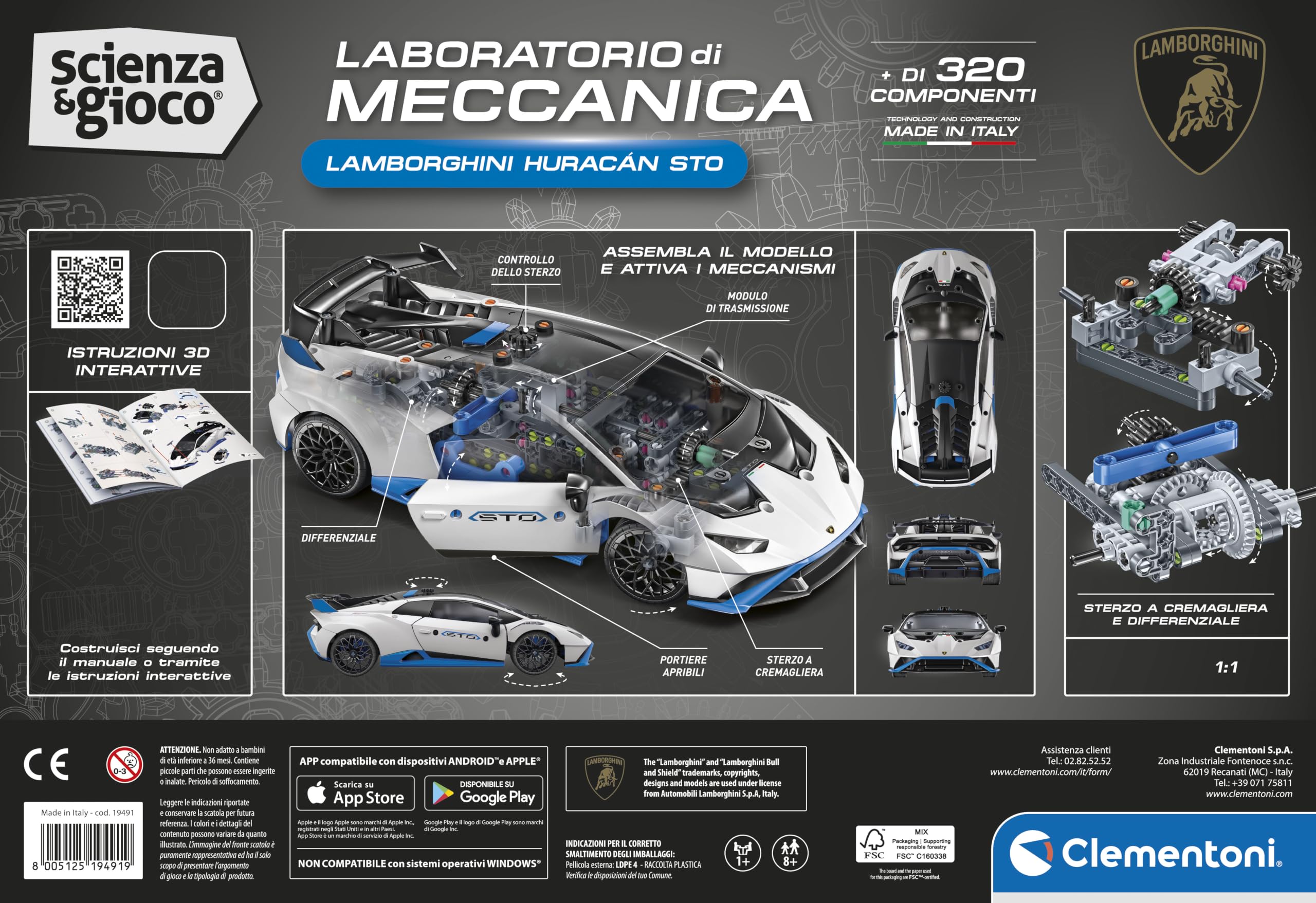 Clementoni Scienza e Gioco Build- Lamborghini Huracan STO Laboratorio di Meccanica, Kit Costruzioni Bambini 8+Anni, Auto Sportiva da Assemblare con Differenziale, Made in Italy, Lingua Italiana, 19491